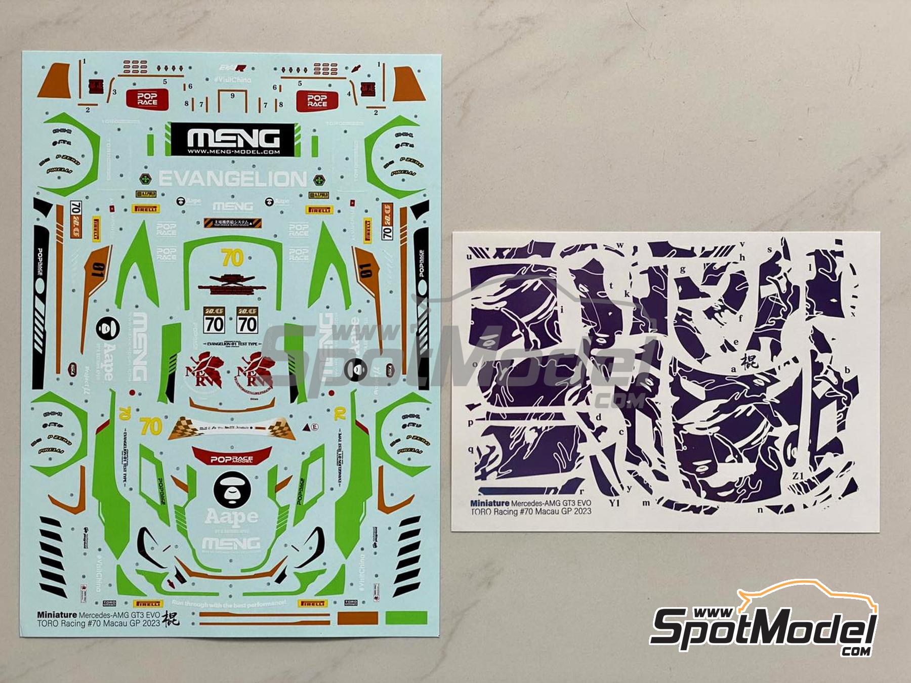 Image 2: Mercedes AMG GT3 Evo Equipo Toro Racing patrocinado por Evangelion, Aape - Macau FIA GT World Cup Championship 2023 | Decoraci&oacute;n en escala&nbsp;1/24 fabricado por Miniature (ref.&nbsp;CS023)