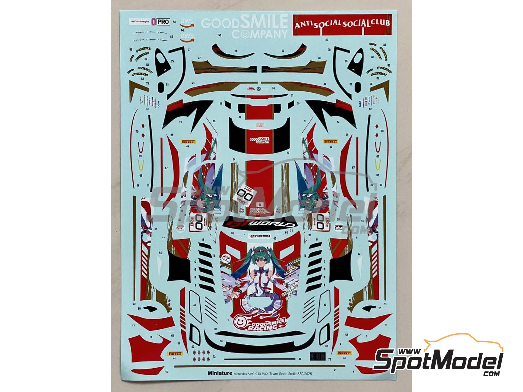 Image 4: Mercedes AMG GT3 Evo Good Smile Racing & UKYO Team - CrowdStrike 24 Hours of Spa 2025 | Marking / livery in 1/24 scale manufactured by Miniature (ref.&nbsp;CS032, also MH24022)