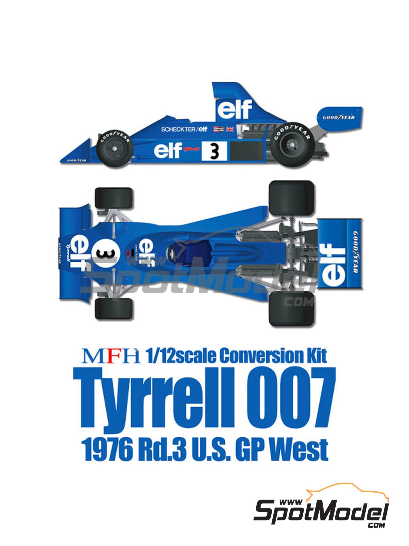 Model Factory Hiro K322: Transkit 1/12 scale Tyrrell 007 sponsored by ELF  #3, Jody Scheckter (ZA), Patrick Depailler (FR) USA West Long Beach  Formula Grand Prix 1976 for Tamiya reference TAM12036 (ref. MFH-K322)  SpotModel