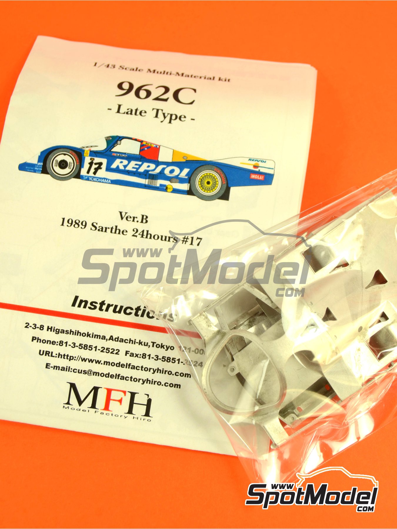 Model Factory Hiro K382: Car scale model kit 1/43 scale Porsche 962C Brun  Motorsport Team sponsored by Repsol #17 Oscar Larrauri (AR) Walter Brun  (CH) Jesús Pareja (ES)