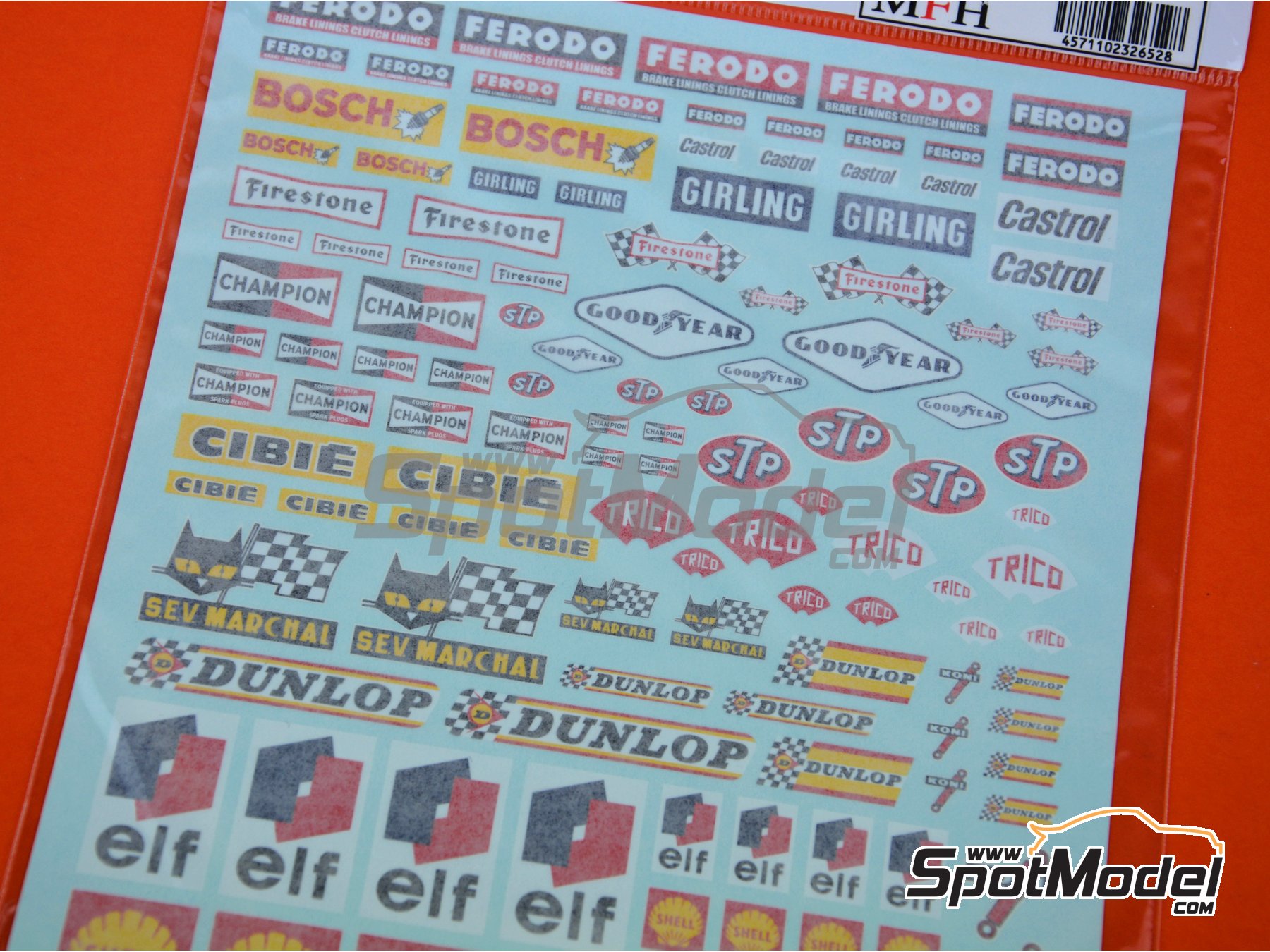 Image 3: Sponsors de los a&ntilde;os 60: Ferodo, Bosch, Girling, Cibie, STP, Champion, Firestone, Trico, Dunlop, Castrol, Gulf, Shell, ELF, Koni... | Logotipos en escala&nbsp;1/12 fabricado por Model Factory Hiro (ref.&nbsp;MFH-P1124, tambien 4571102326528 y P1124)