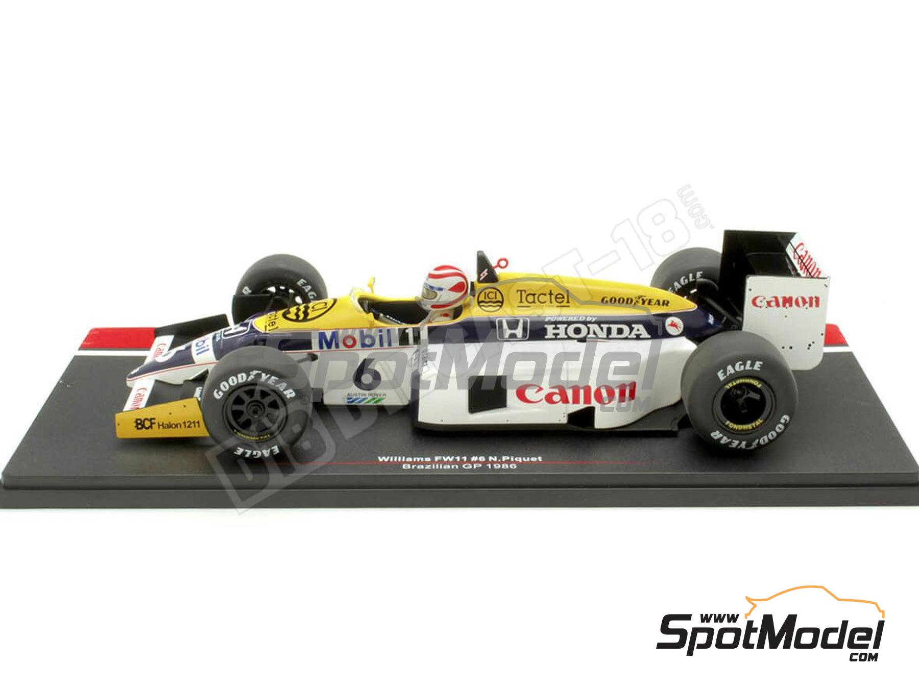 Image 3: Williams Honda FW11 Williams Grand Prix Engineering Team sponsored by Canon, Tactel - Brazilian Formula 1 Grand Prix 1986 | Diecast model car in 1/18 scale manufactured by Modelcar Group (ref.&nbsp;DIE-62423, also 18626F)