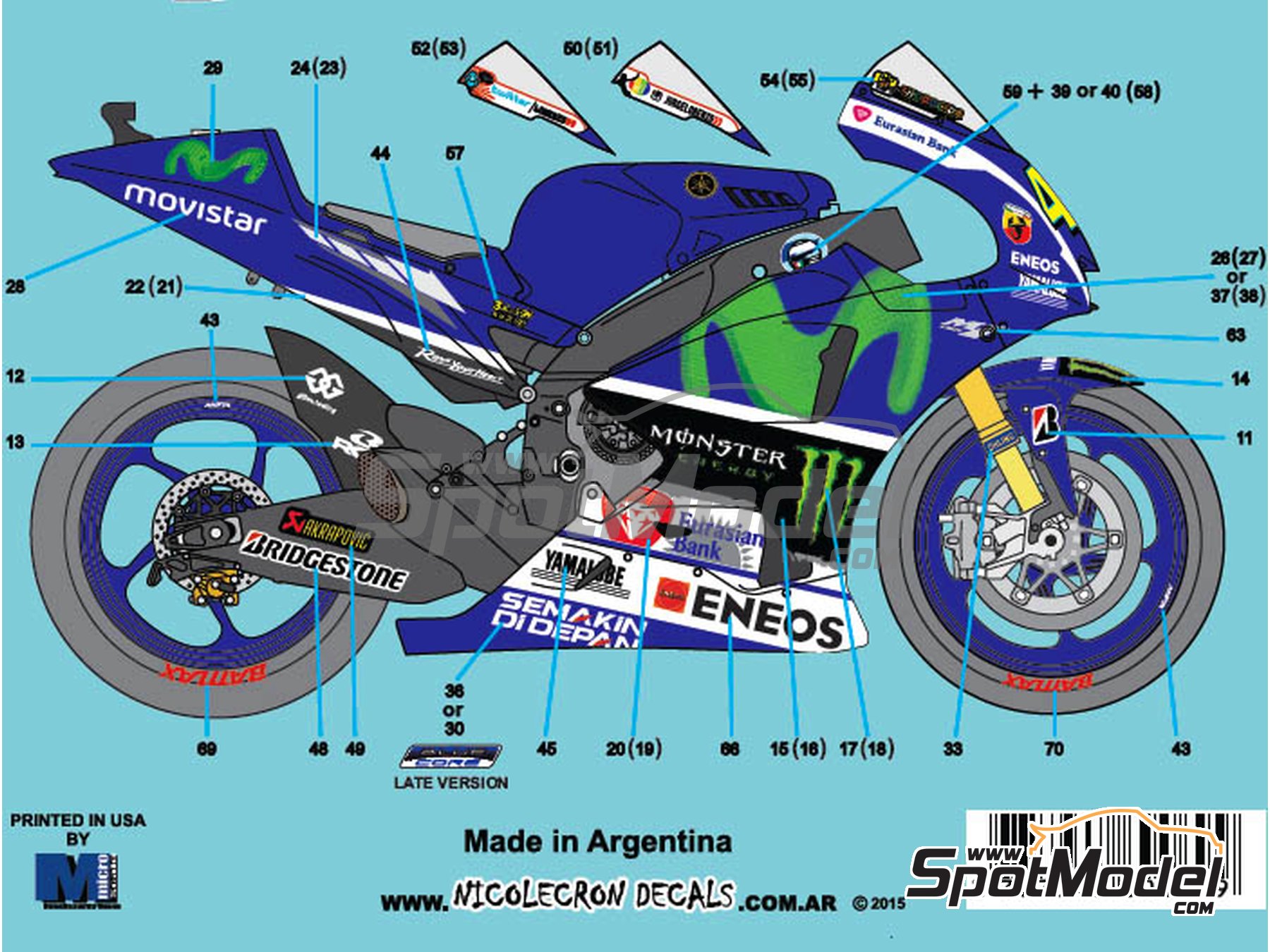 1:12 Decals Stickers Water Valentino Rossi Yamaha M1 2015 For Tamiya RARE 