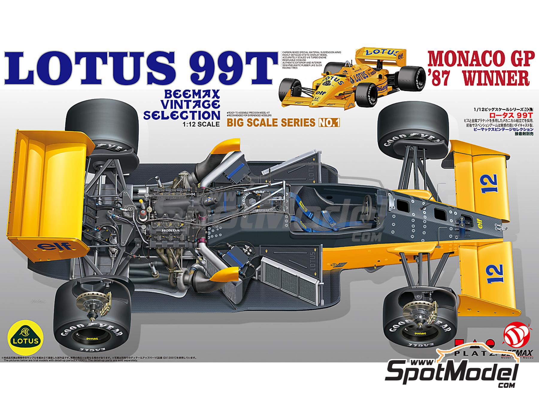 Image 8: Lotus Honda 99T Lotus Team sponsored by Camel DeLonghi - Monaco Formula 1 Grand Prix 1987 | Car scale model kit in 1/12 scale manufactured by Beemax Model Kits (ref.&nbsp;BX12001, also 4545782079487, PN12001, NU-12001 and  BX12001)