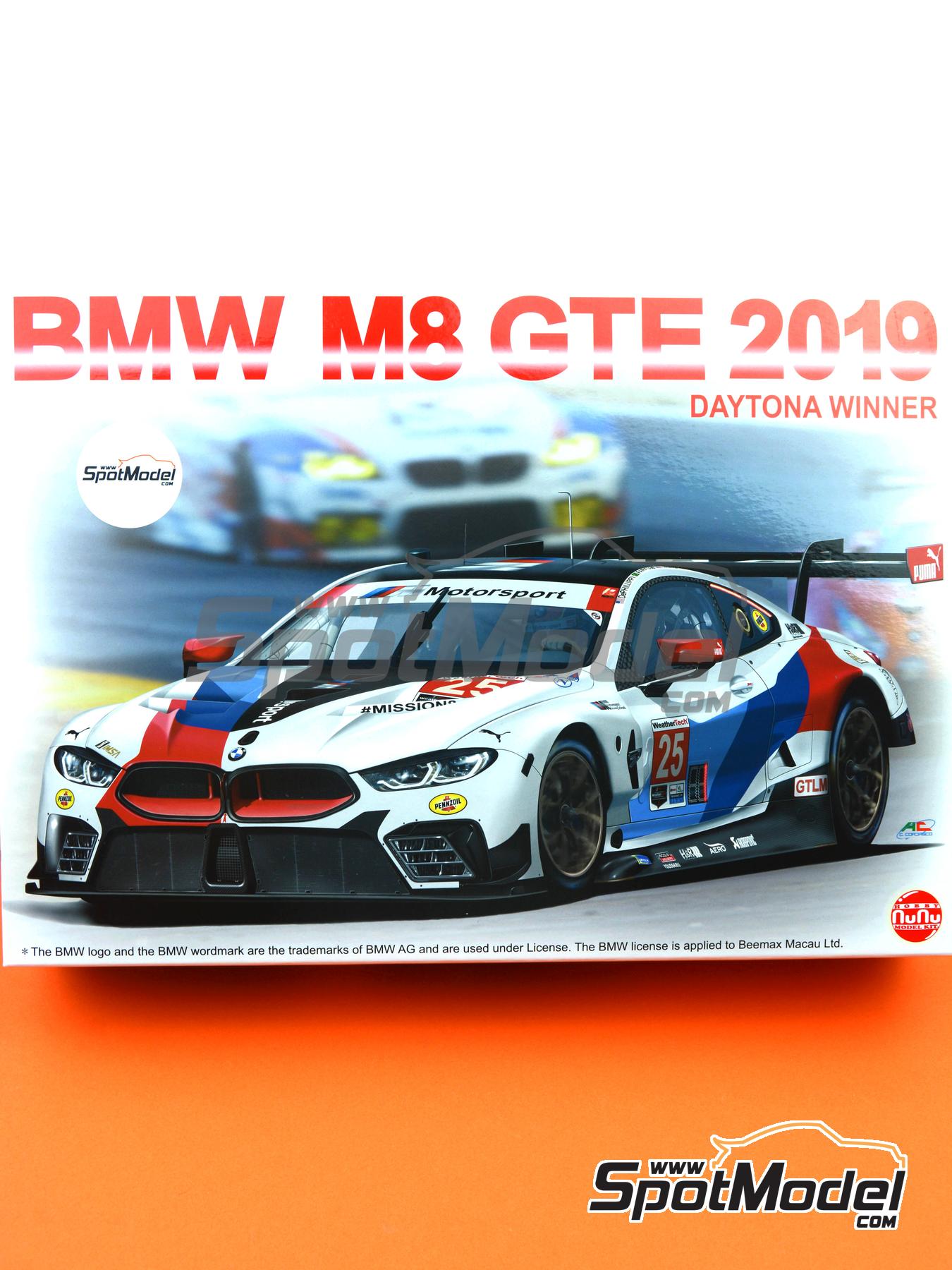 BMW M8 GTE RLL Team sponsored by BMW Motorsport - 24 Hours of Daytona 2019.  Car scale model kit in 1/24 scale manufactured by Nunu (ref. PN24010, also