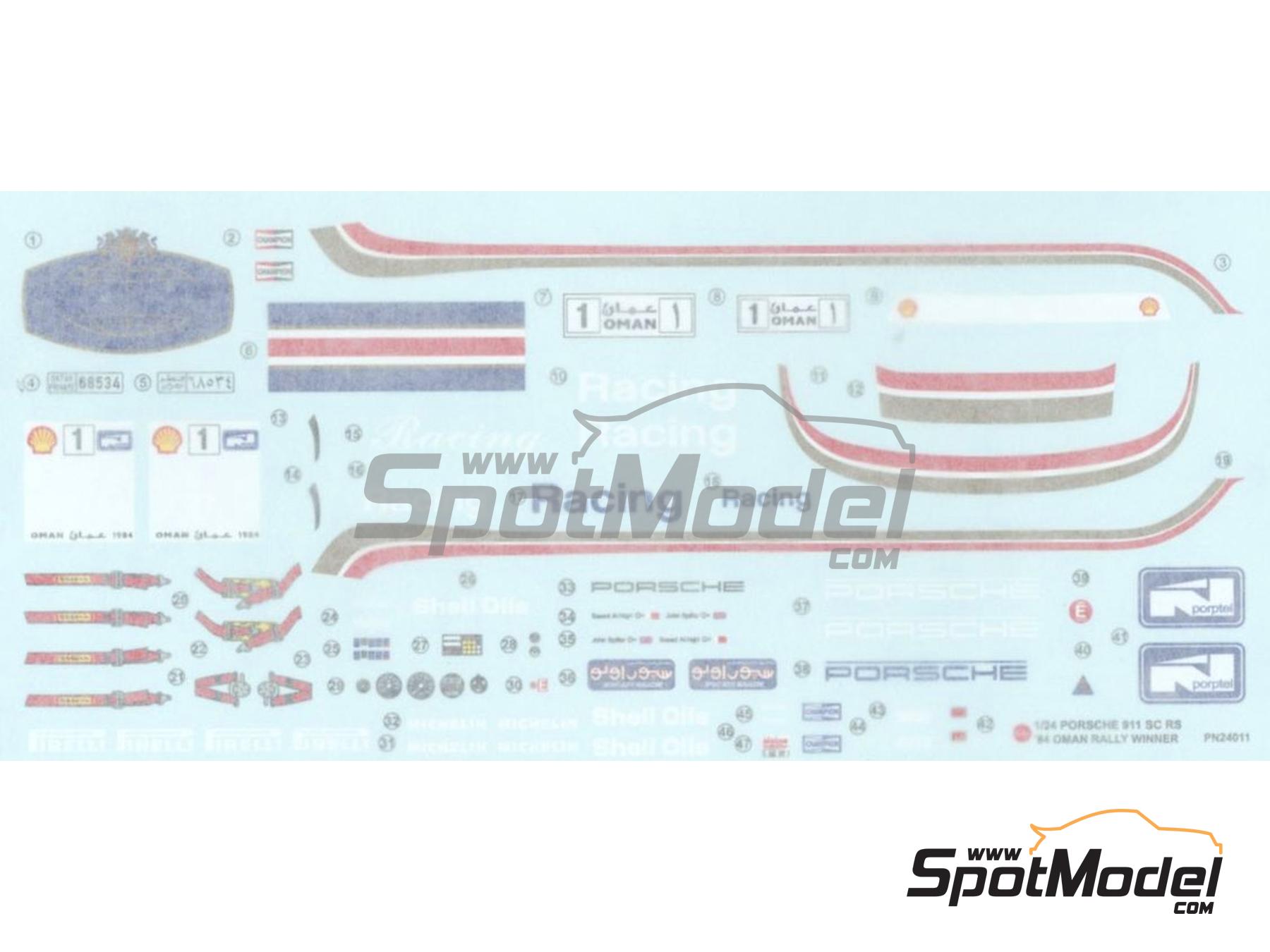 Image 8: Porsche 911 SC RS sponsored by Rothmans - Oman International Rally 1984 | Car scale model kit in 1/24 scale manufactured by Nunu (ref.&nbsp;PN24011, also 4545782069426 and NU-24011)