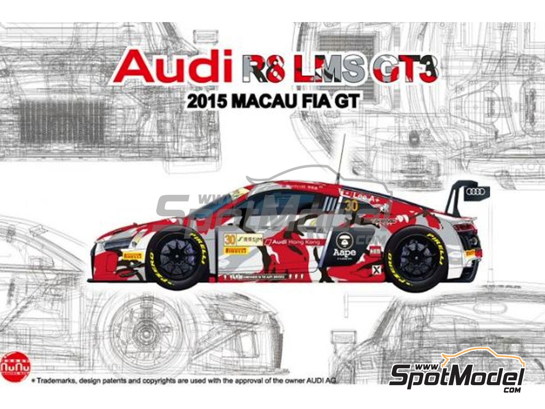 Image 2: Audi R8 LMS GT3 sponsored by AAPE Audi Hong Kong - Macau FIA GT World Cup Championship 2015 | Car scale model kit in 1/24 scale manufactured by Nunu (ref.&nbsp;PN24028, also 4545782076493 and NU24028)