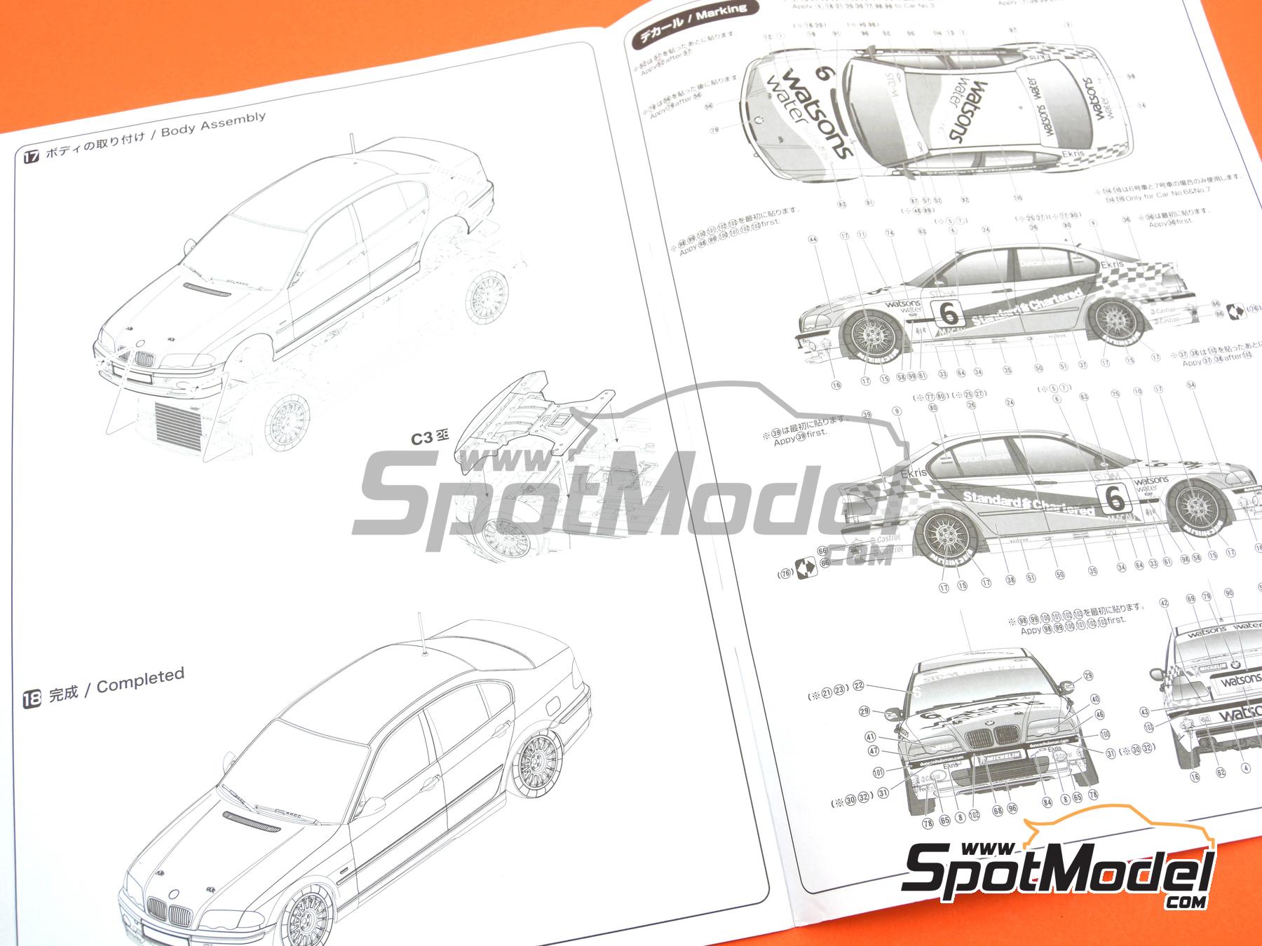 Image 19: BMW 320i E46 Carly Motors Team sponsored by Watsons Water - Guia Race of Macau 2001 | Car scale model kit in 1/24 scale manufactured by Nunu (ref. PN24041, also 4545782084658)