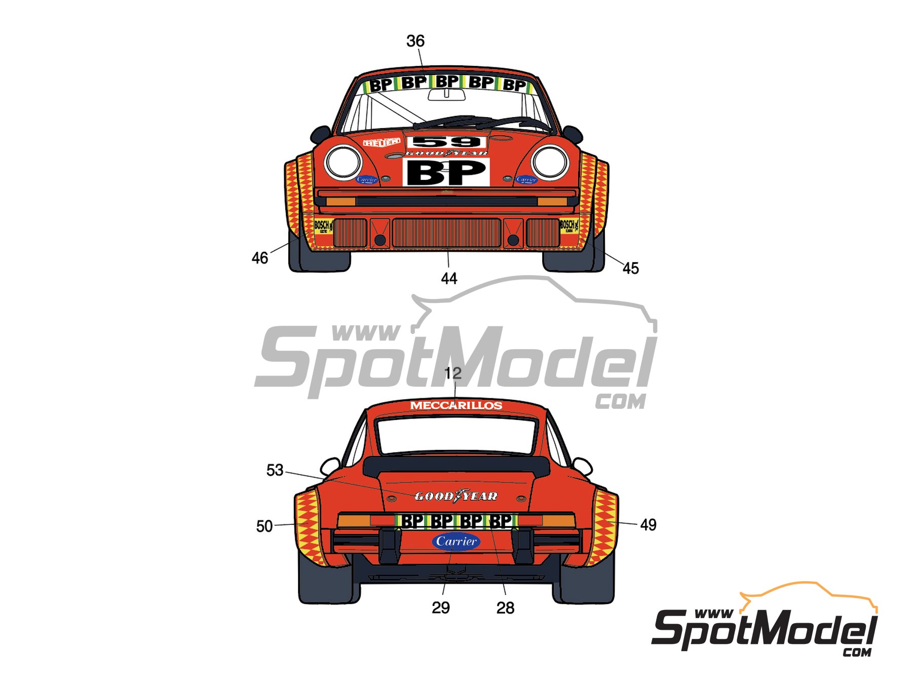 Image 2: Porsche 934 Turbo RSR Group 4 Schiller Racing Team sponsored by Meccarillos - 24 Hours Le Mans 1977 | Marking / livery in 1/24 scale , designed by J Banks  and  manufactured by Print Lab Decals (ref. PLB2-015370)