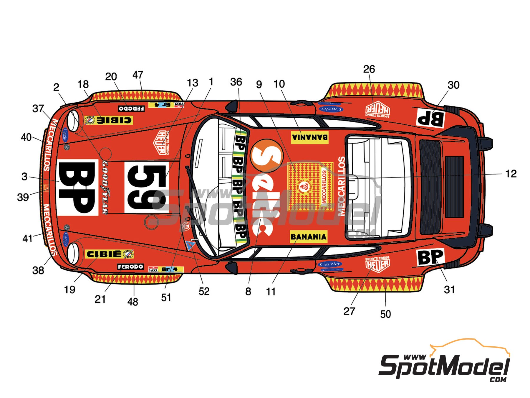 Image 3: Porsche 934 Turbo RSR Group 4 Schiller Racing Team sponsored by Meccarillos - 24 Hours Le Mans 1977 | Marking / livery in 1/24 scale , designed by J Banks  and  manufactured by Print Lab Decals (ref. PLB2-015370)