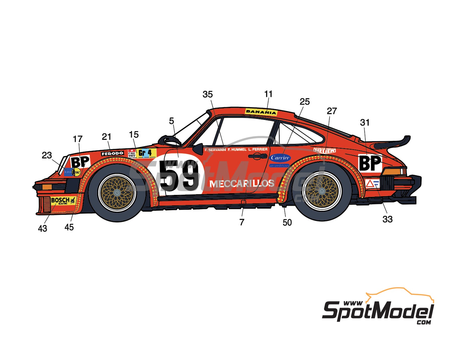 Image 4: Porsche 934 Turbo RSR Group 4 Schiller Racing Team sponsored by Meccarillos - 24 Hours Le Mans 1977 | Marking / livery in 1/24 scale , designed by J Banks  and  manufactured by Print Lab Decals (ref. PLB2-015370)