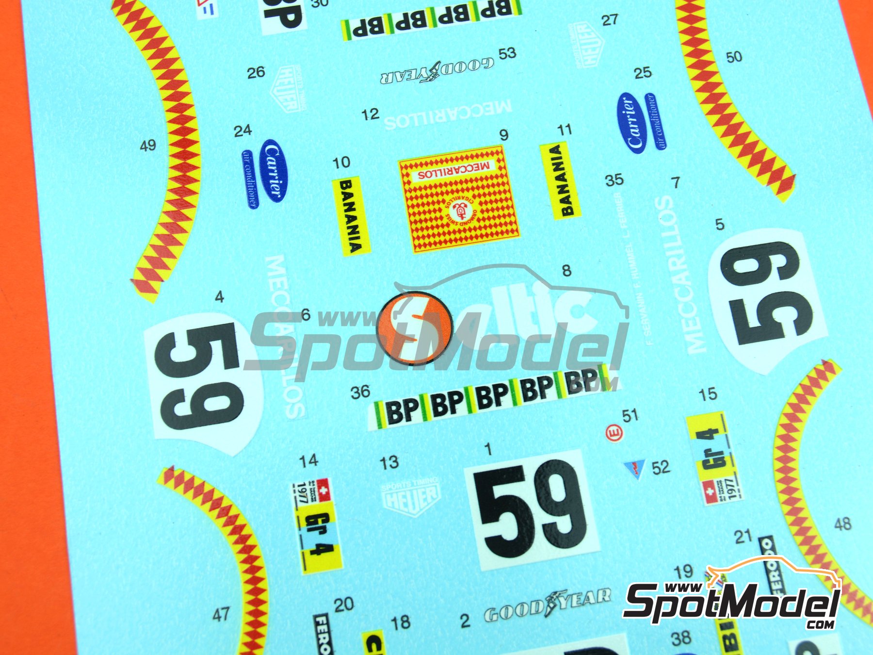 Image 7: Porsche 934 Turbo RSR Group 4 Schiller Racing Team sponsored by Meccarillos - 24 Hours Le Mans 1977 | Marking / livery in 1/24 scale , designed by J Banks  and  manufactured by Print Lab Decals (ref. PLB2-015370)
