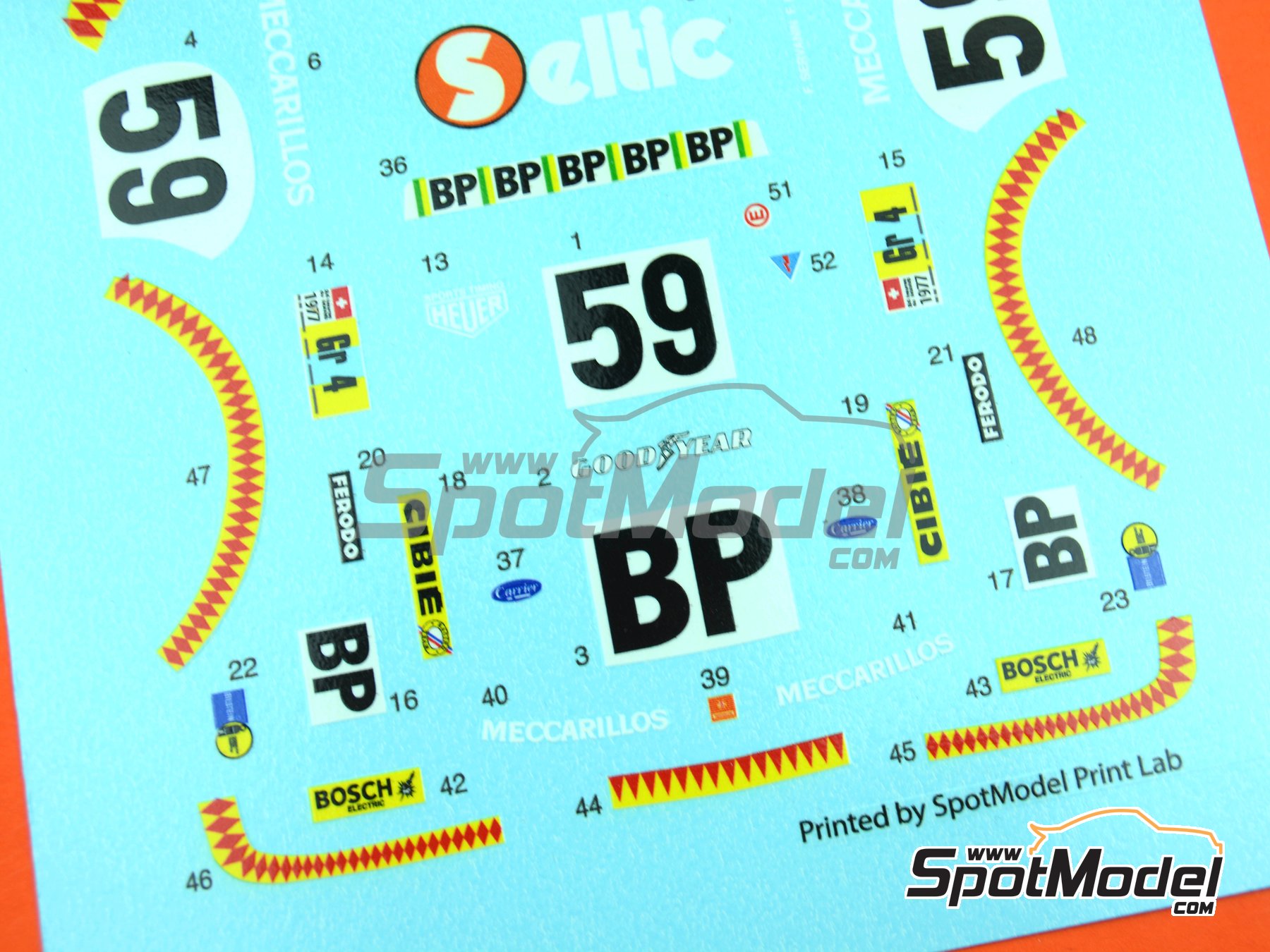 Image 8: Porsche 934 Turbo RSR Group 4 Schiller Racing Team sponsored by Meccarillos - 24 Hours Le Mans 1977 | Marking / livery in 1/24 scale , designed by J Banks  and  manufactured by Print Lab Decals (ref. PLB2-015370)