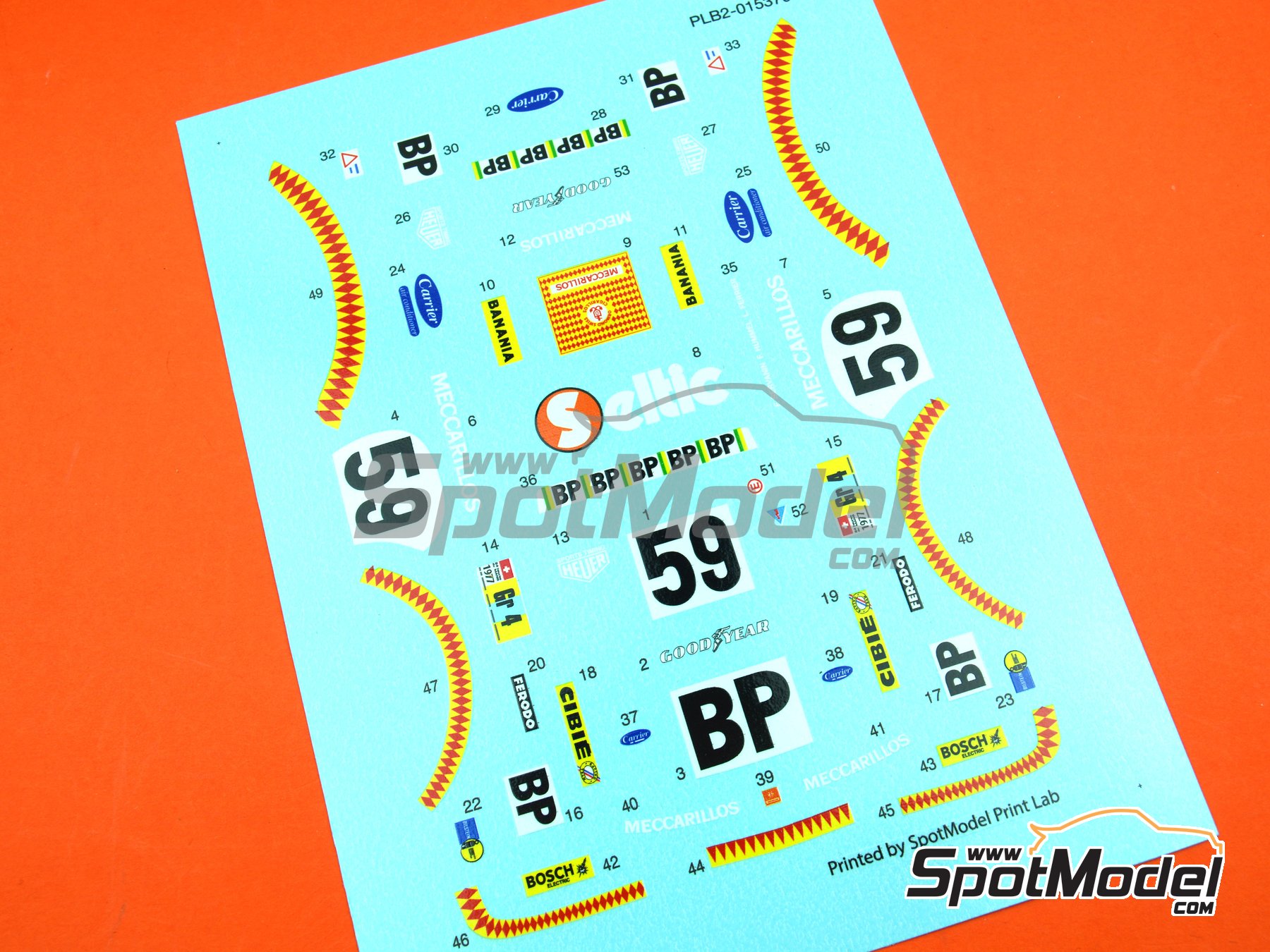 Image 9: Porsche 934 Turbo RSR Group 4 Schiller Racing Team sponsored by Meccarillos - 24 Hours Le Mans 1977 | Marking / livery in 1/24 scale , designed by J Banks  and  manufactured by Print Lab Decals (ref. PLB2-015370)