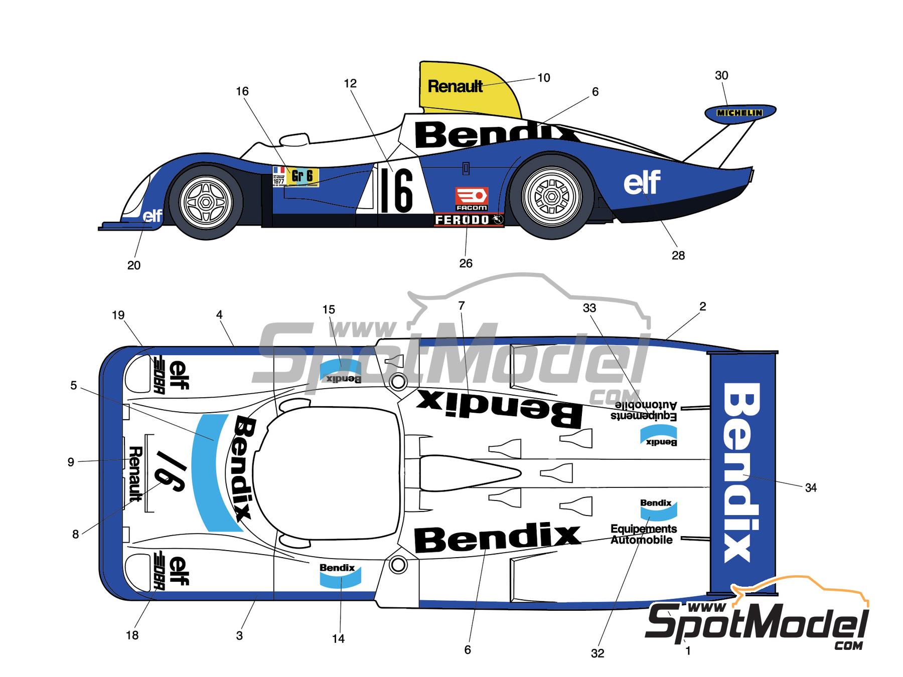 Image 4: Alpine Renault A442 sponsored by Bendix - 24 Hours Le Mans 1977 | Marking / livery in 1/24 scale , designed by J Banks  and  manufactured by Print Lab Decals (ref.&nbsp;PLB2-037272)