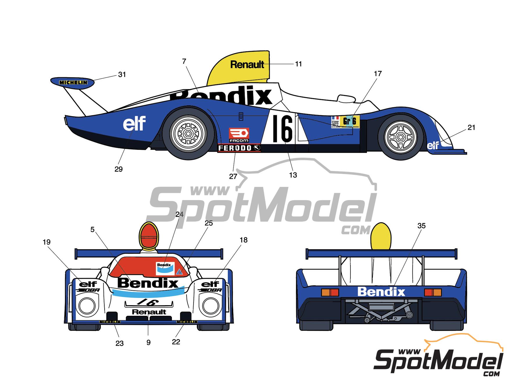 Image 5: Alpine Renault A442 sponsored by Bendix - 24 Hours Le Mans 1977 | Marking / livery in 1/24 scale , designed by J Banks  and  manufactured by Print Lab Decals (ref.&nbsp;PLB2-037272)
