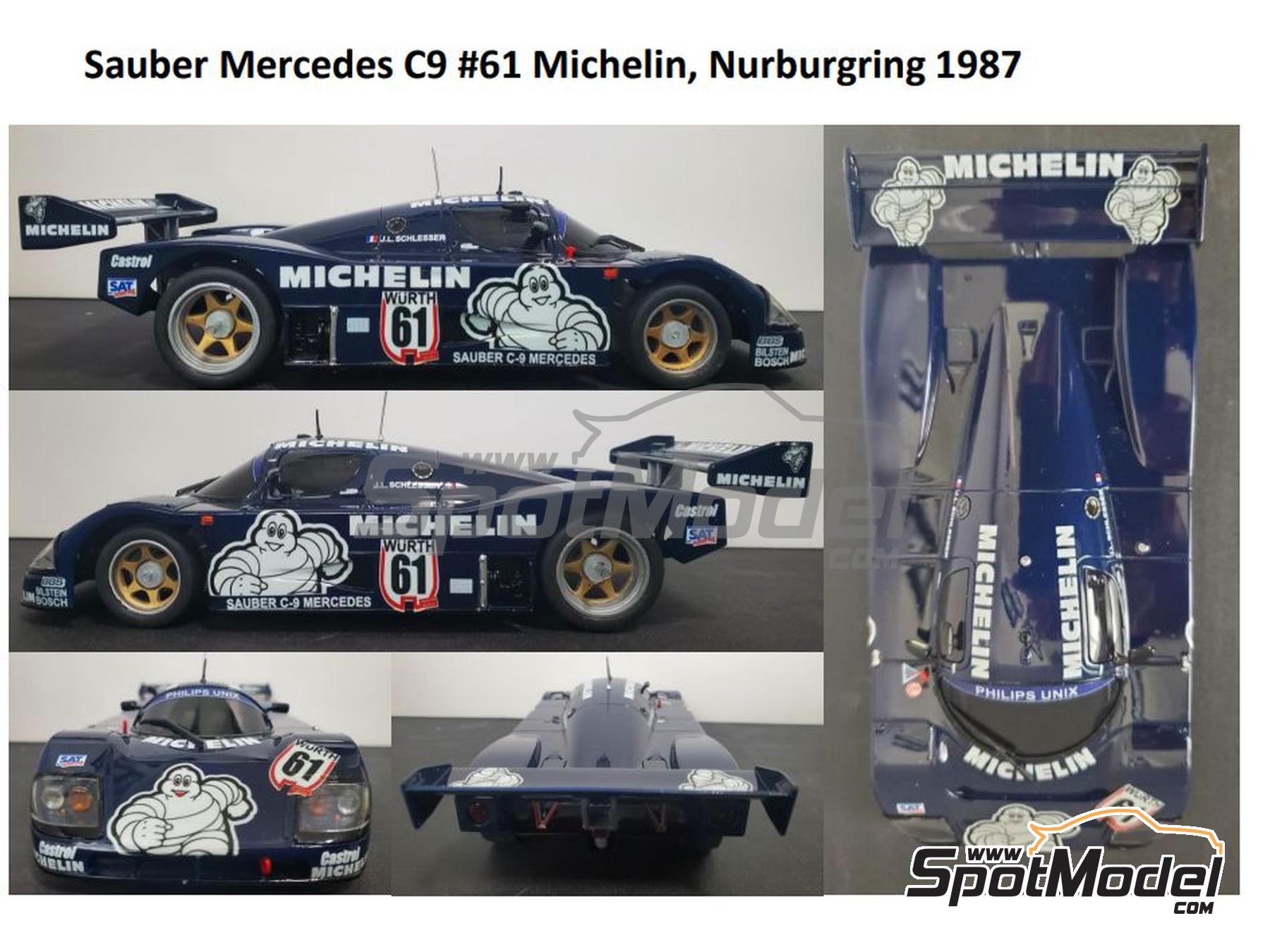 Image 1: Sauber Mercedes C9 sponsored by Michelin Kouros - 24 Hours Le Mans, ADAC Bilstein Super Sprint 1987 | Marking / livery in 1/27 scale , designed by OlivierSD  and  manufactured by Print Lab Decals (ref.&nbsp;PLB2-037564)