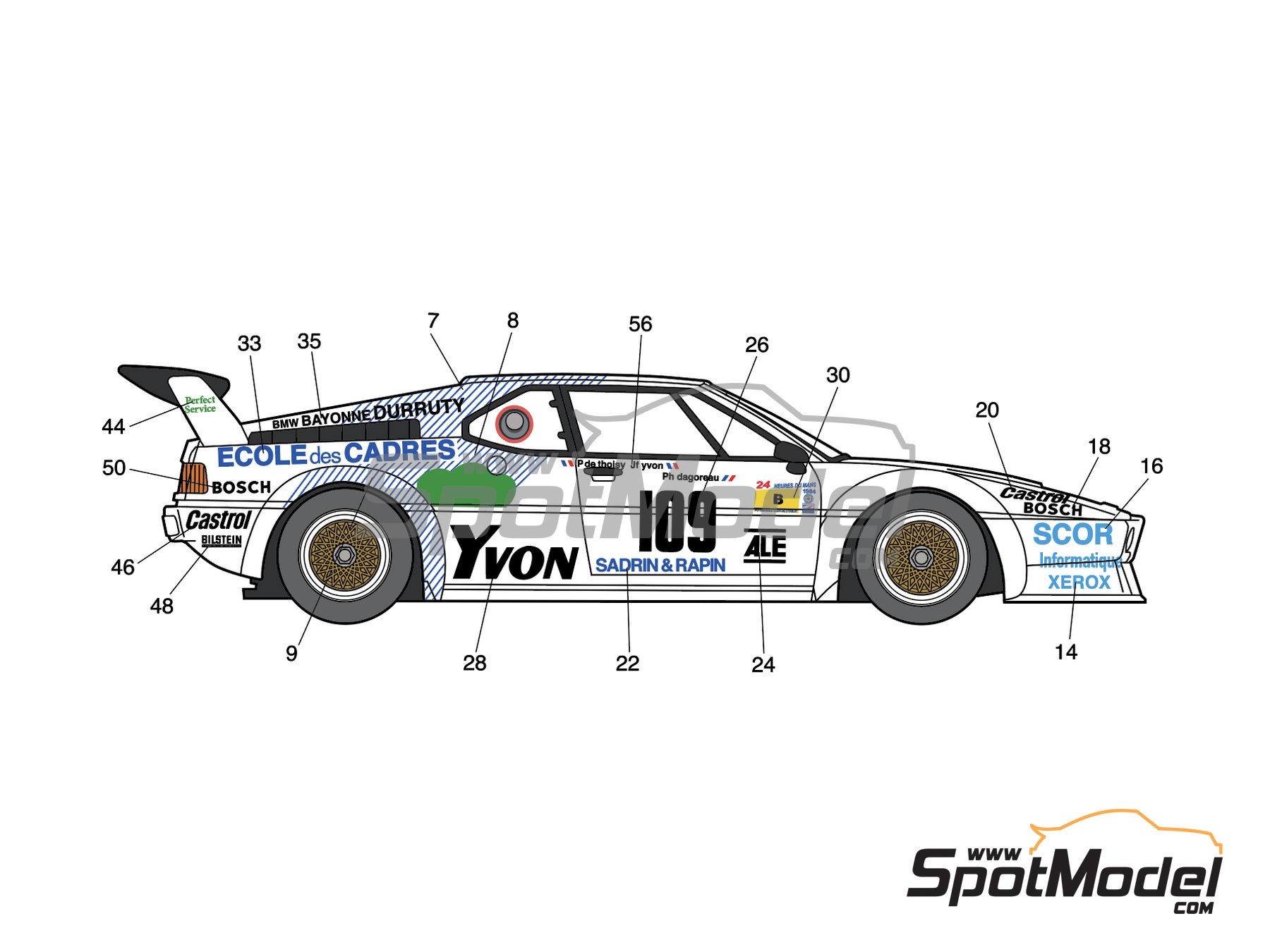 Image 1: BMW M1 Ecole des Cadres Team sponsored by Yvon Bois Scor Xerox - 24 Hours Le Mans 1984 | Marking / livery in 1/24 scale , designed by J Banks  and  manufactured by Print Lab Decals (ref.&nbsp;PLB2-052671)