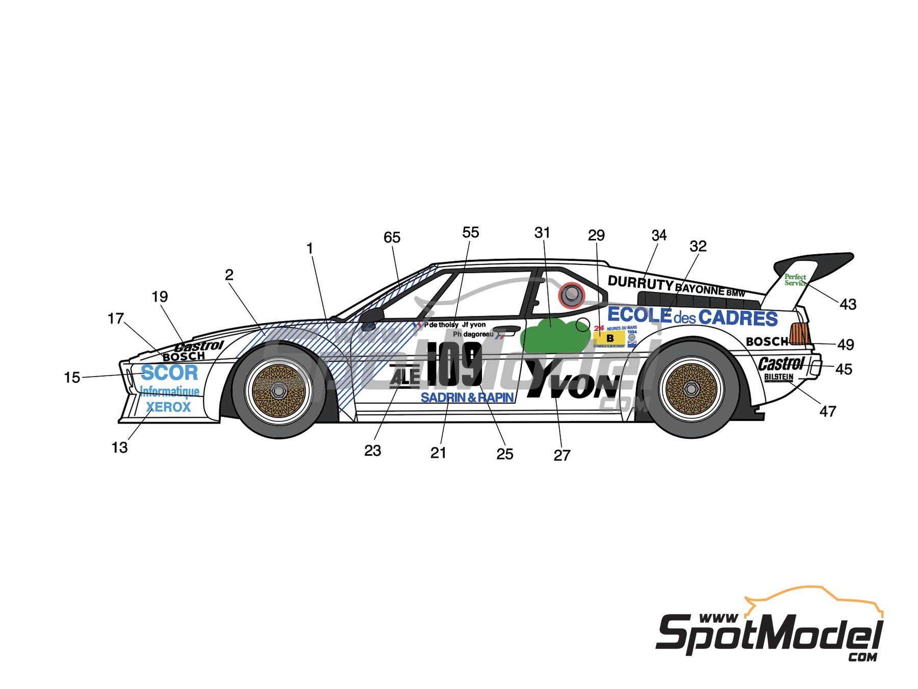 Image 2: BMW M1 Ecole des Cadres Team sponsored by Yvon Bois Scor Xerox - 24 Hours Le Mans 1984 | Marking / livery in 1/24 scale , designed by J Banks  and  manufactured by Print Lab Decals (ref.&nbsp;PLB2-052671)