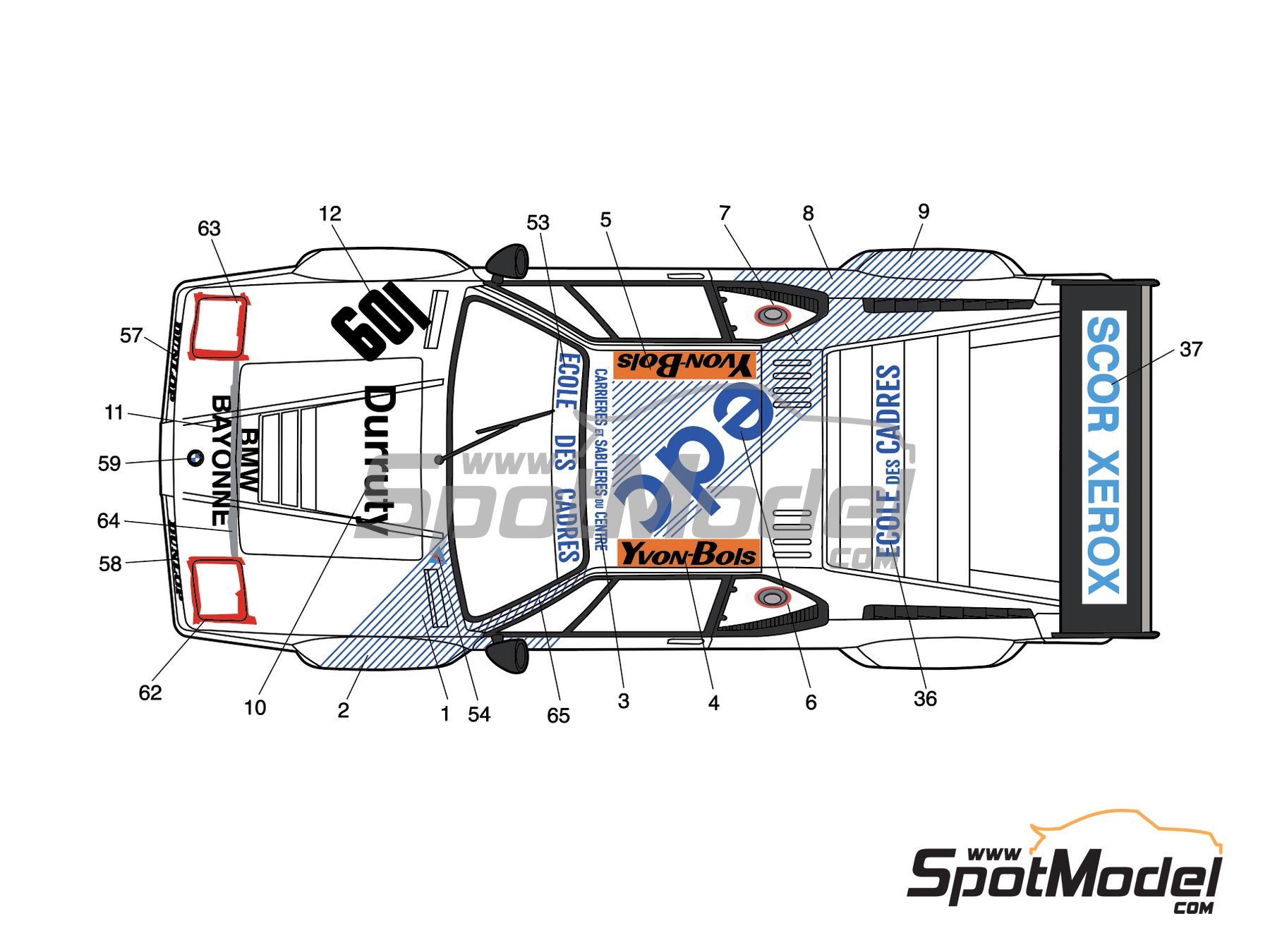 Image 5: BMW M1 Ecole des Cadres Team sponsored by Yvon Bois Scor Xerox - 24 Hours Le Mans 1984 | Marking / livery in 1/24 scale , designed by J Banks  and  manufactured by Print Lab Decals (ref.&nbsp;PLB2-052671)