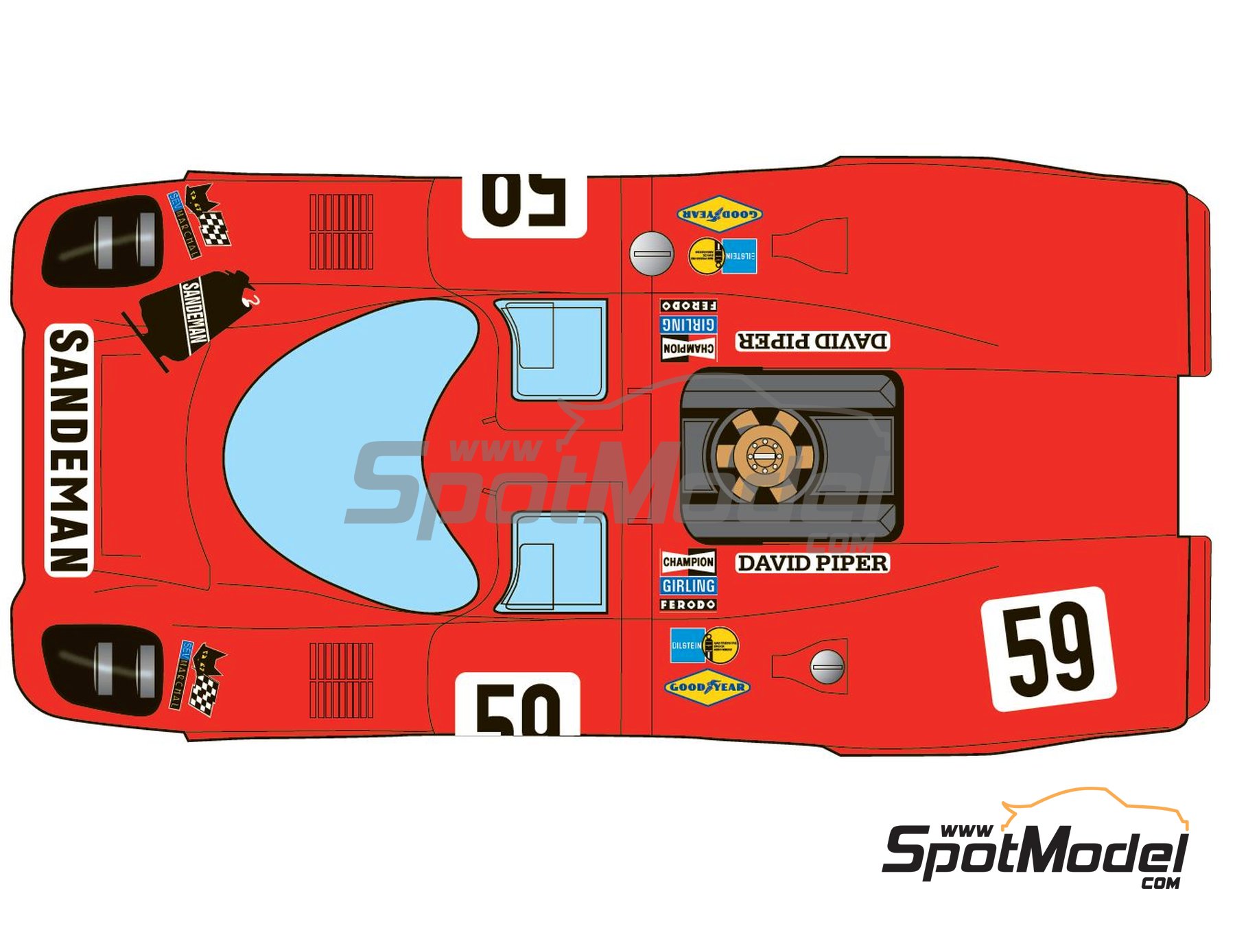 Image 1: Porsche 917K David Piper Team sponsored by Sandeman - Montlhery 500K, Magny Cours 1970 | Marking / livery in 1/24 scale , designed by Anonymous  and  manufactured by Print Lab Decals (ref.&nbsp;PLB2-141060)