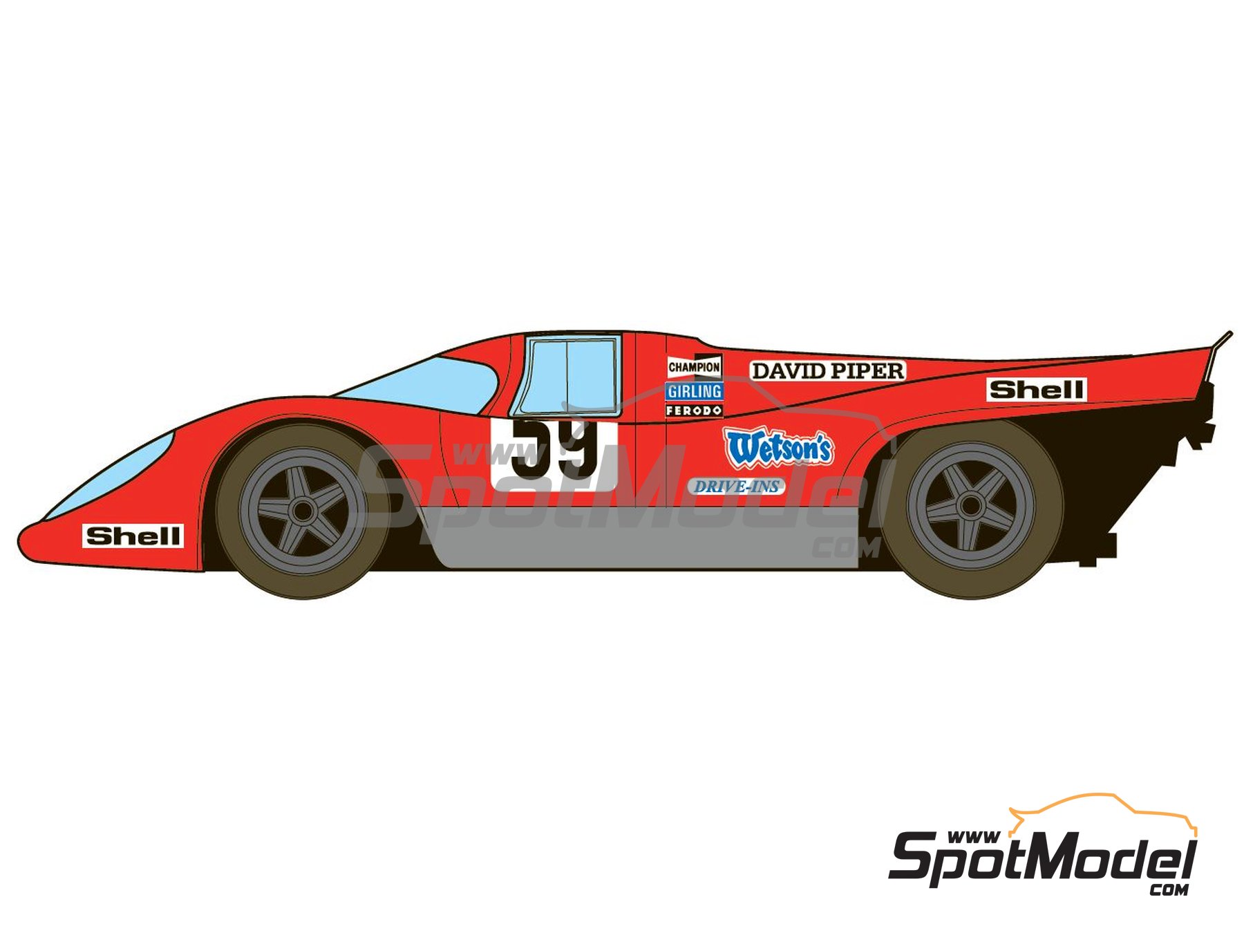 Image 2: Porsche 917K David Piper Team sponsored by Sandeman - Montlhery 500K, Magny Cours 1970 | Marking / livery in 1/24 scale , designed by Anonymous  and  manufactured by Print Lab Decals (ref.&nbsp;PLB2-141060)