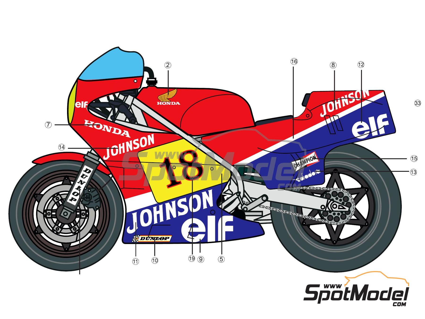 Image 1: Honda RS 500 sponsored by ELF - Imola Moto Grand Prix 1983 | Marking / livery in 1/12 scale , designed by Screendesign  and  manufactured by Print Lab Decals (ref.&nbsp;PLB2-214192)