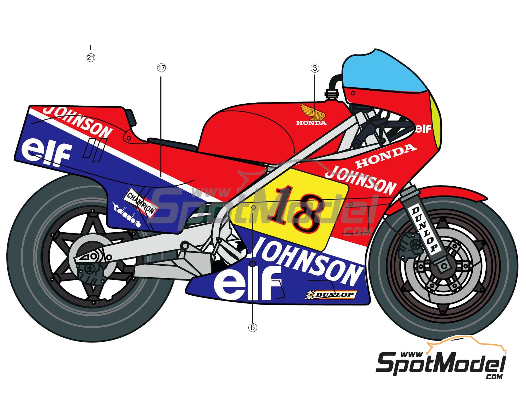 Image 2: Honda RS 500 sponsored by ELF - Imola Moto Grand Prix 1983 | Marking / livery in 1/12 scale , designed by Screendesign  and  manufactured by Print Lab Decals (ref.&nbsp;PLB2-214192)
