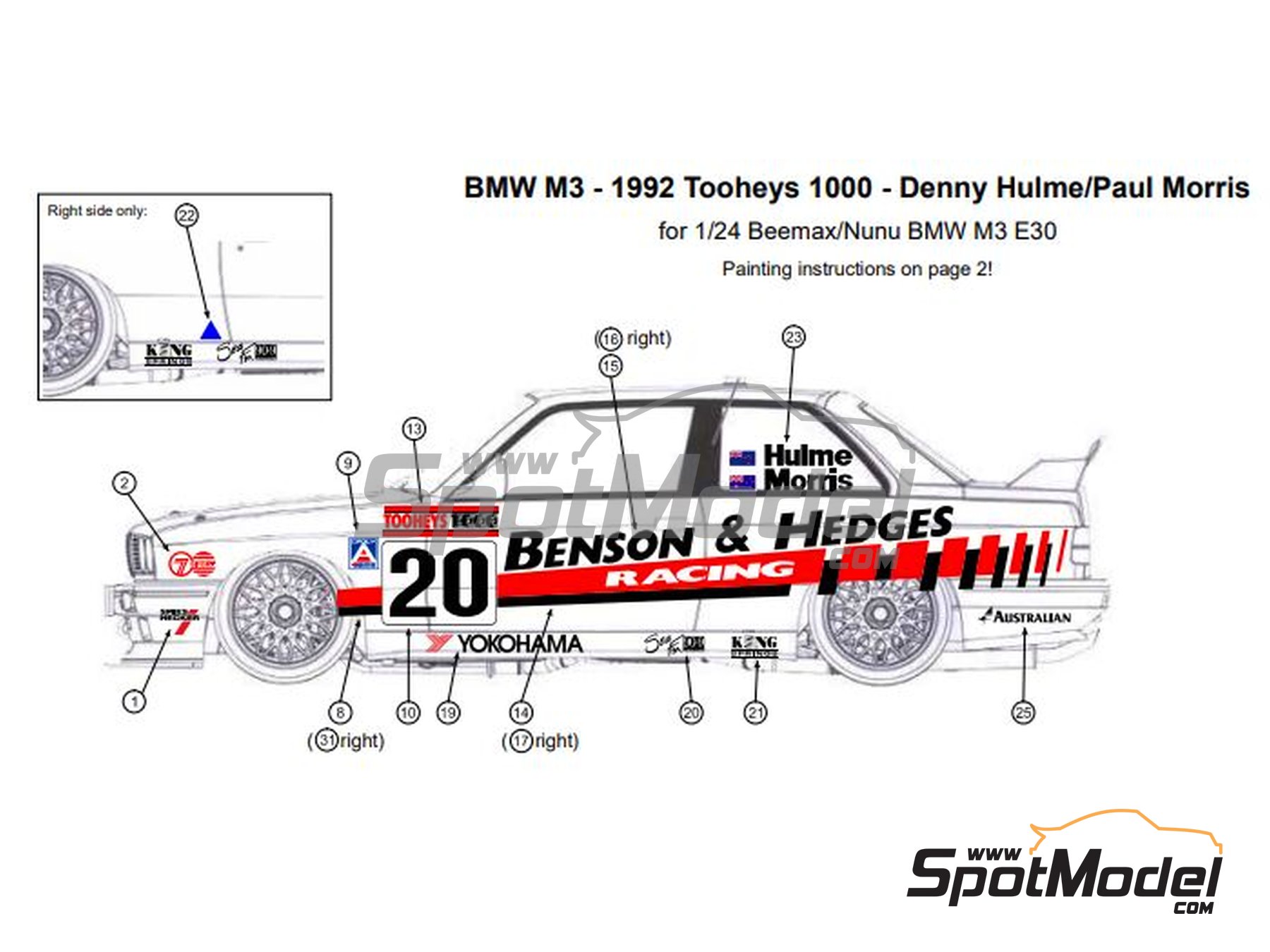 Image 1: BMW M3 E30 sponsored by Benson & Hedges - Tooheys 1000 1992 | Marking / livery in 1/24 scale , designed by Tim van Dooremalen  and  manufactured by Print Lab Decals (ref.&nbsp;PLB2-214603)