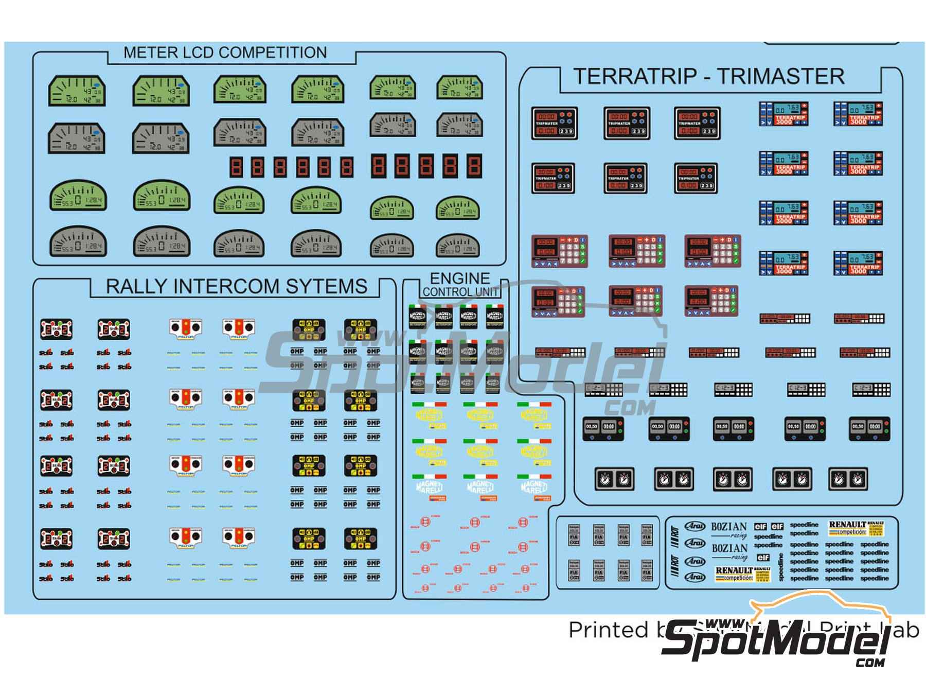 Image 2: Bucket seats, fire extinguisher, odometers, terratrip, tripmaster, rally intercoms, ecu, ... | Logotypes in 1/24 scale , designed by Mario VR  and  manufactured by Print Lab Decals (ref. PLB2-276208)