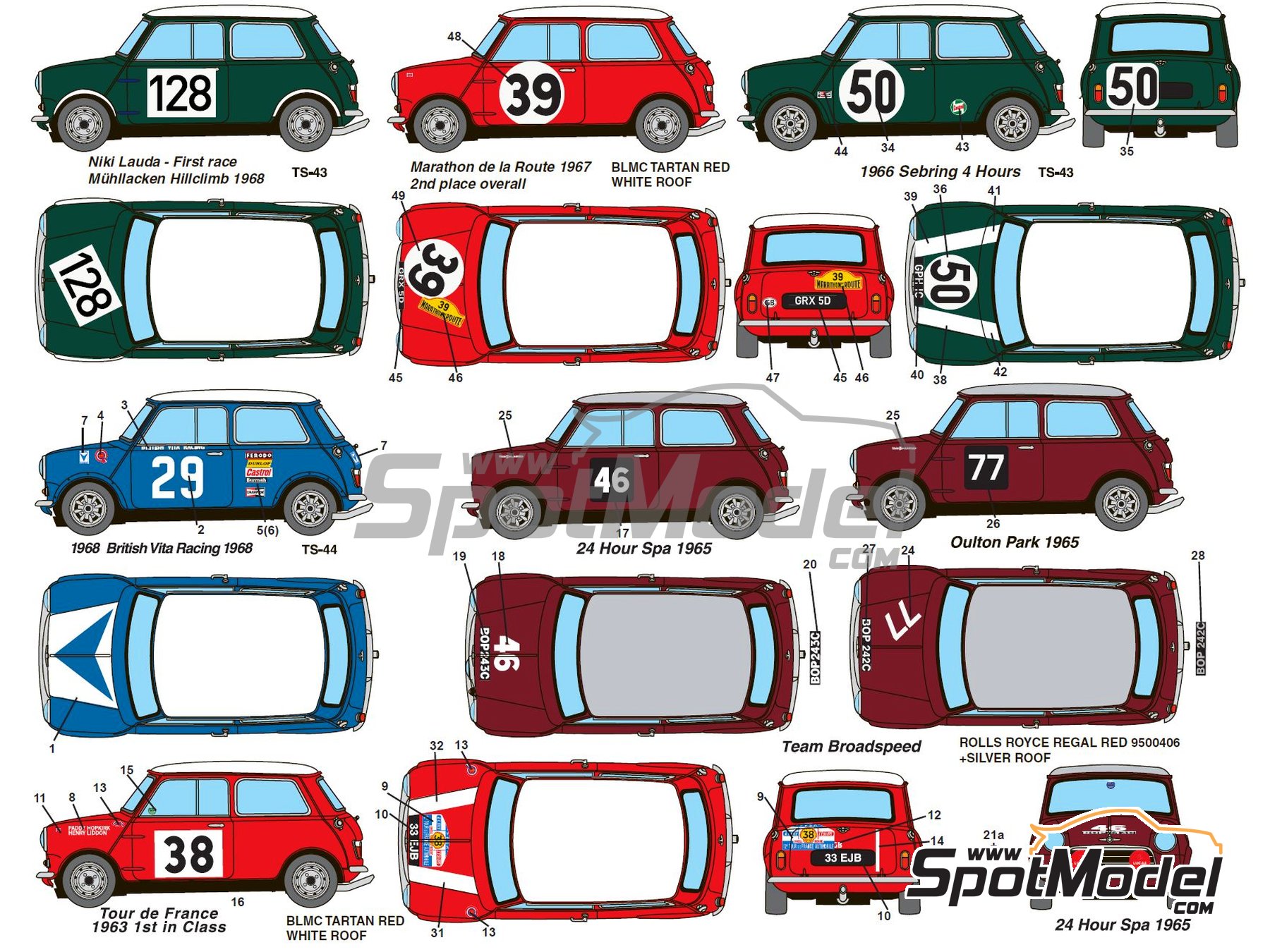 Image 1: Mini Cooper Competition - 24 Hours SPA Francorchamps, Marathon de la Route, Muhllacken Hillclimb, 4 Hours Sebring, British Vita Racing, Oulton Park, Tour de France Automobile 1963, 1965, 1966 and 1968 | Marking / livery in 1/24 scale , designed by M.Quarterman of UMi Graphics  and  manufactured by Print Lab Decals (ref. PLB2-302808)