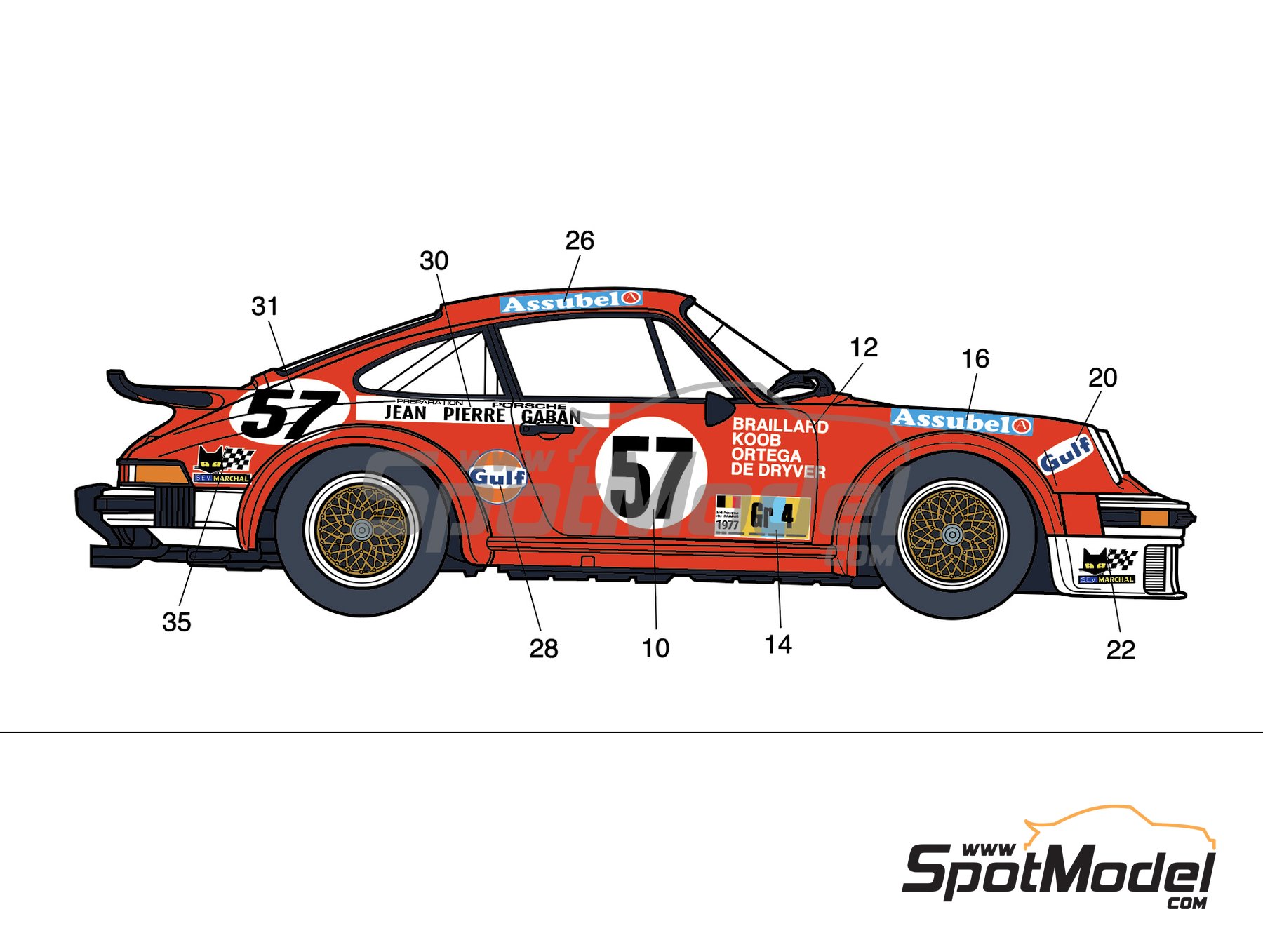 Image 2: Porsche 934 Turbo RSR Group sponsored by Jean Pierre Gaban - 24 Hours Le Mans 1977 | Marking / livery in 1/24 scale , designed by J Banks  and  manufactured by Print Lab Decals (ref.&nbsp;PLB2-368866)