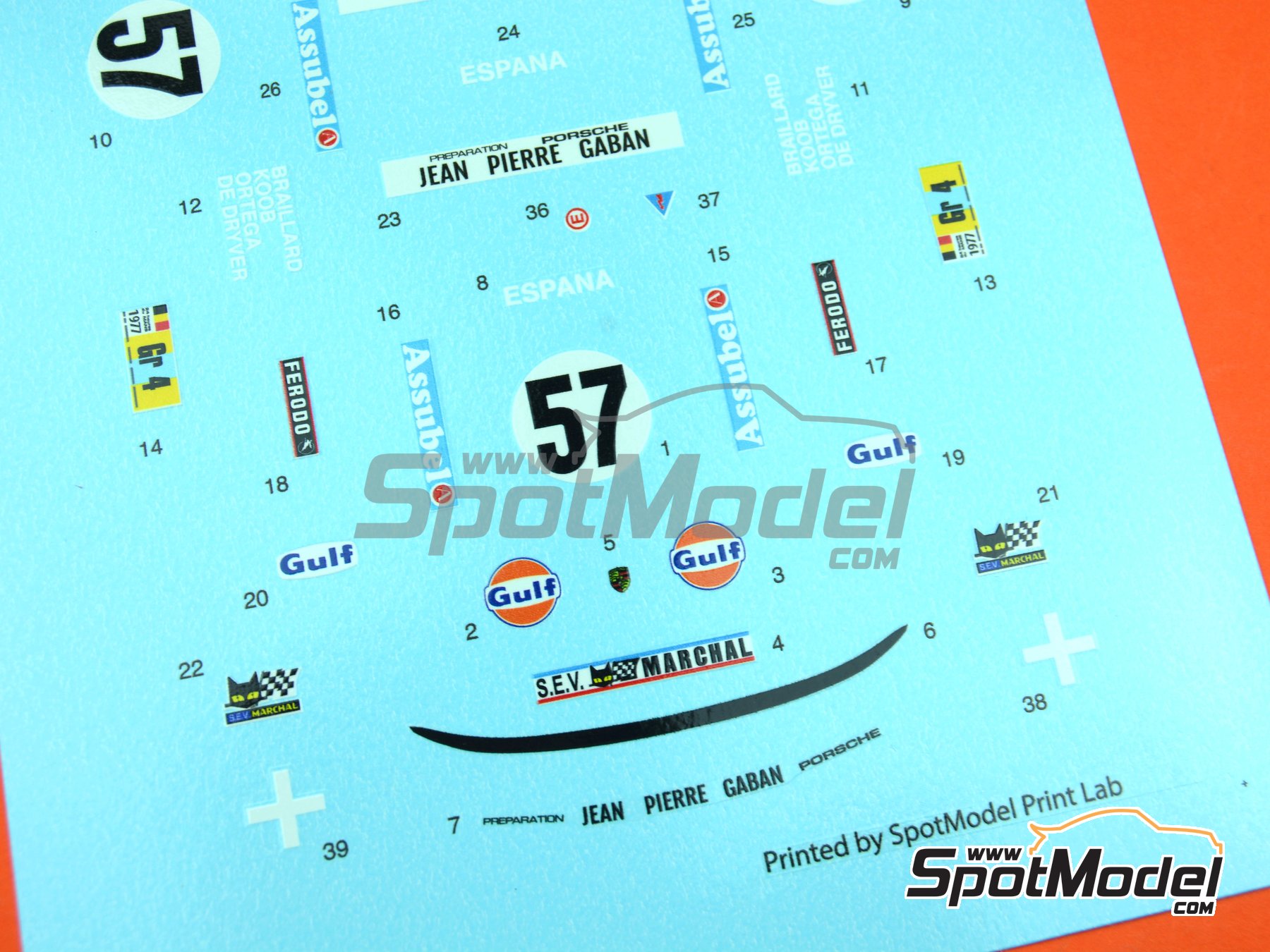 Image 7: Porsche 934 Turbo RSR Group sponsored by Jean Pierre Gaban - 24 Hours Le Mans 1977 | Marking / livery in 1/24 scale , designed by J Banks  and  manufactured by Print Lab Decals (ref.&nbsp;PLB2-368866)