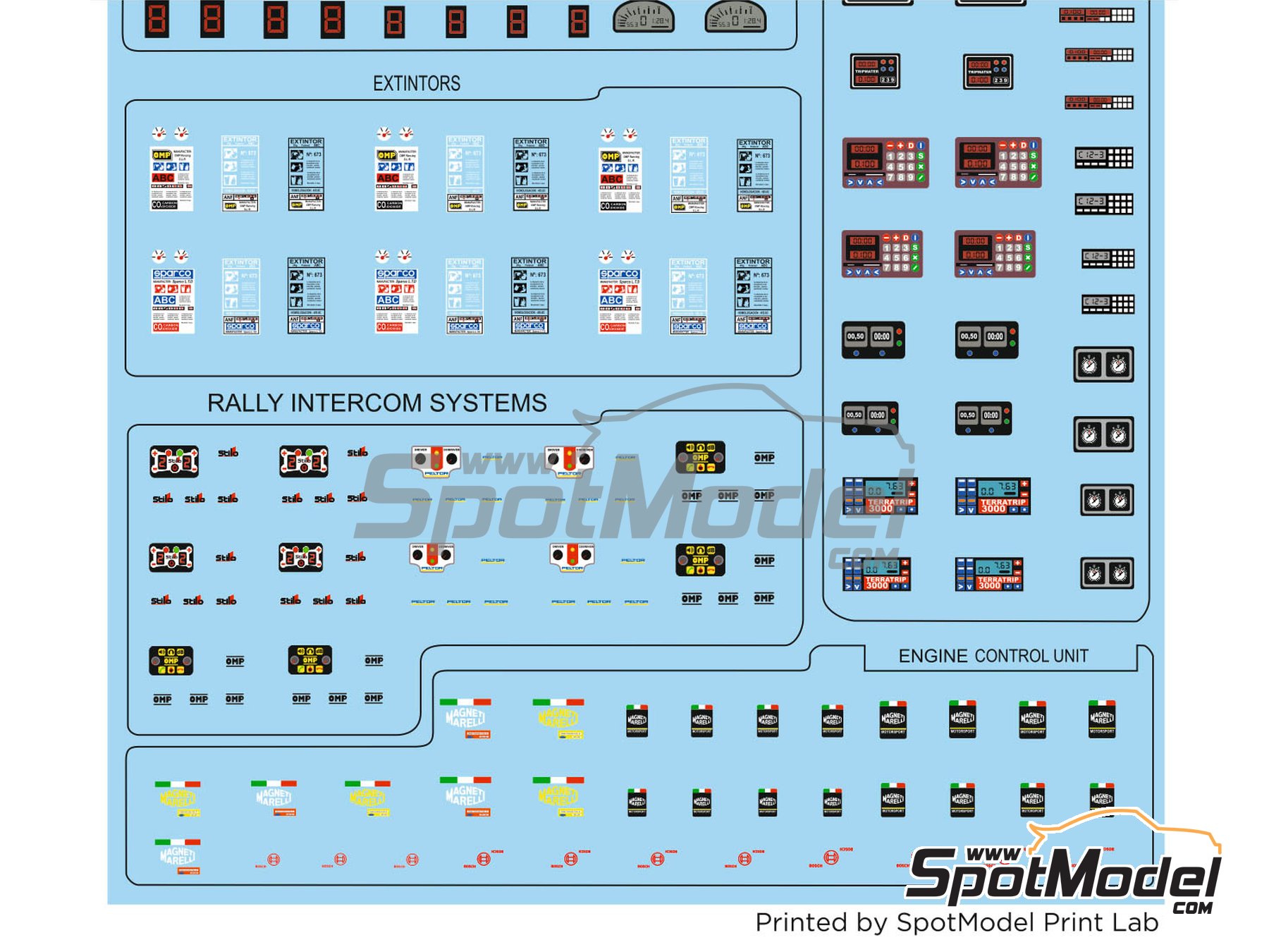 Image 2: Bucket seats, fire extinguisher, odometers, terratrip, tripmaster, rally intercoms, ecu, ... | Decals in 1/18 scale , designed by Mario VR  and  manufactured by Print Lab Decals (ref.&nbsp;PLB2-462306)