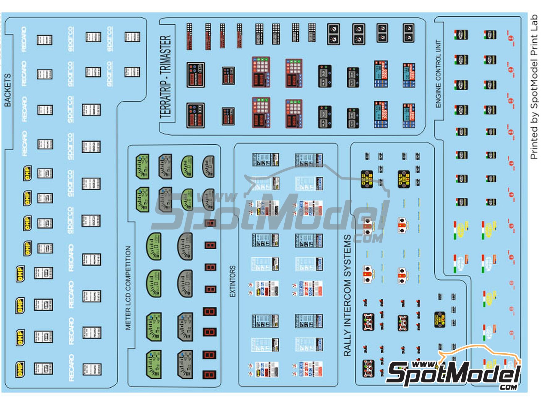 Image 3: Bucket seats, fire extinguisher, odometers, terratrip, tripmaster, rally intercoms, ecu, ... | Decals in 1/18 scale , designed by Mario VR  and  manufactured by Print Lab Decals (ref.&nbsp;PLB2-462306)