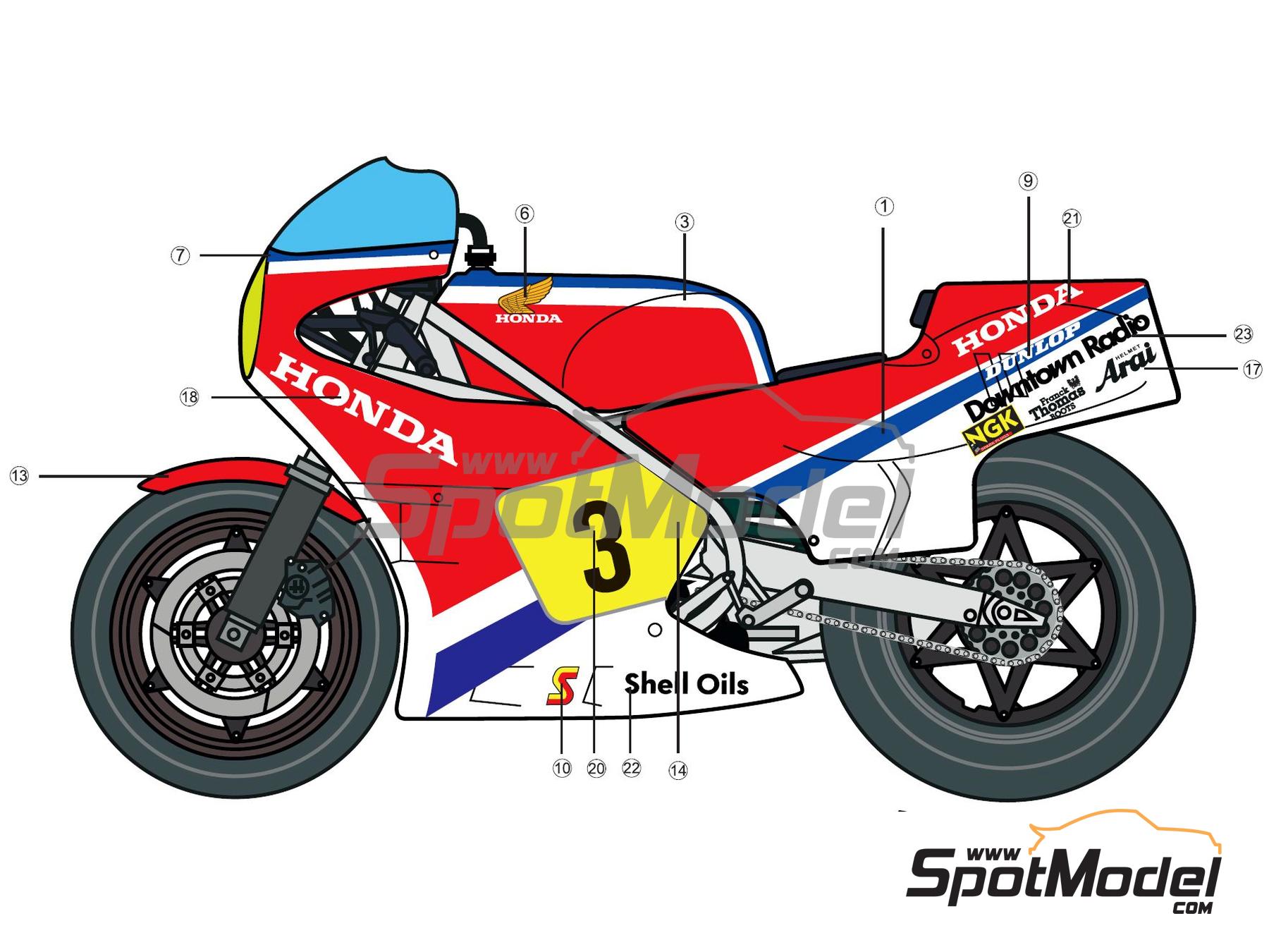 Image 1: Honda RS 500 Brian Coll Racing Team sponsored by Downtown Radio - Ulster Grand Prix, Transatlantic Trophy , Northwest 200 1984 | Marking / livery in 1/12 scale , designed by Screendesign  and  manufactured by Print Lab Decals (ref. PLB2-506862)