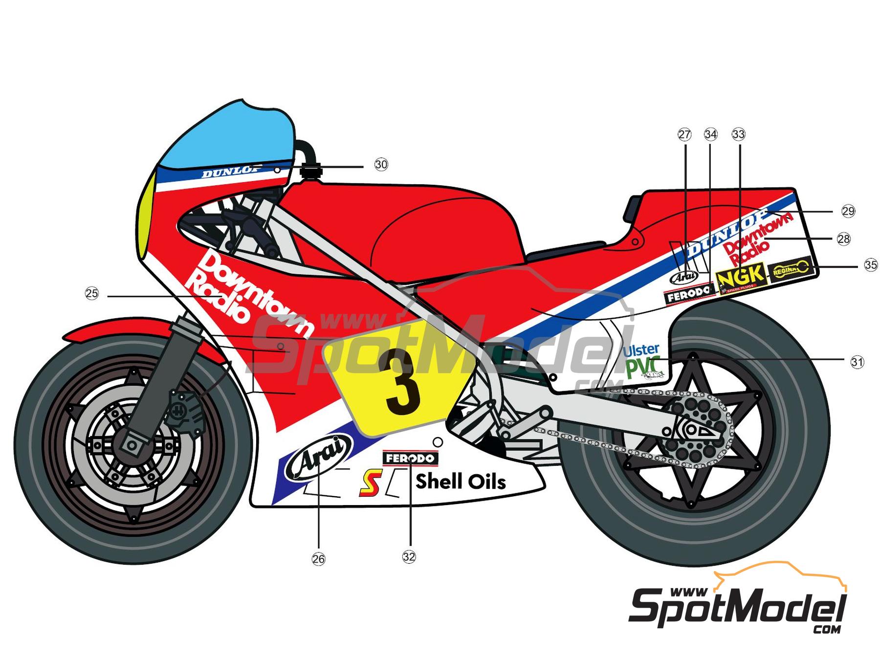 Image 2: Honda RS 500 Brian Coll Racing Team sponsored by Downtown Radio - Ulster Grand Prix, Transatlantic Trophy , Northwest 200 1984 | Marking / livery in 1/12 scale , designed by Screendesign  and  manufactured by Print Lab Decals (ref. PLB2-506862)