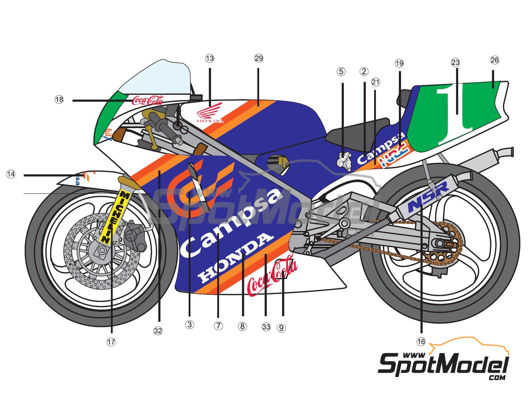 Image 3: Honda NSR250 Equipo Honda Racing patrocinado por Campsa - Campeonato del Mundo de Motociclismo 250cc 1989 | Decoración en escala 1/12 , diseñado por Screendesign  y  fabricado por Print Lab Decals (ref. PLB2-698409)