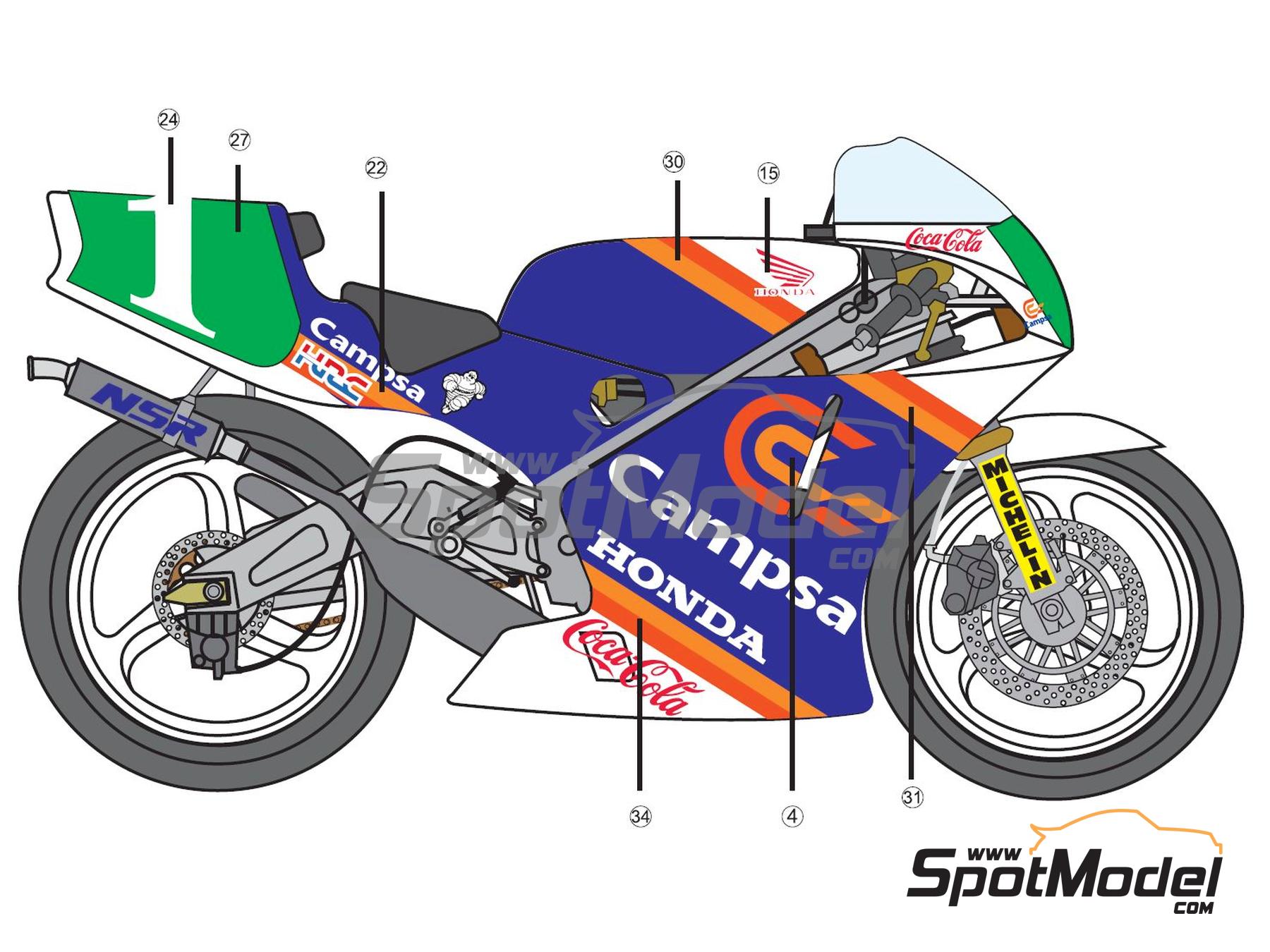 Image 4: Honda NSR250 Equipo Honda Racing patrocinado por Campsa - Campeonato del Mundo de Motociclismo 250cc 1989 | Decoración en escala 1/12 , diseñado por Screendesign  y  fabricado por Print Lab Decals (ref. PLB2-698409)
