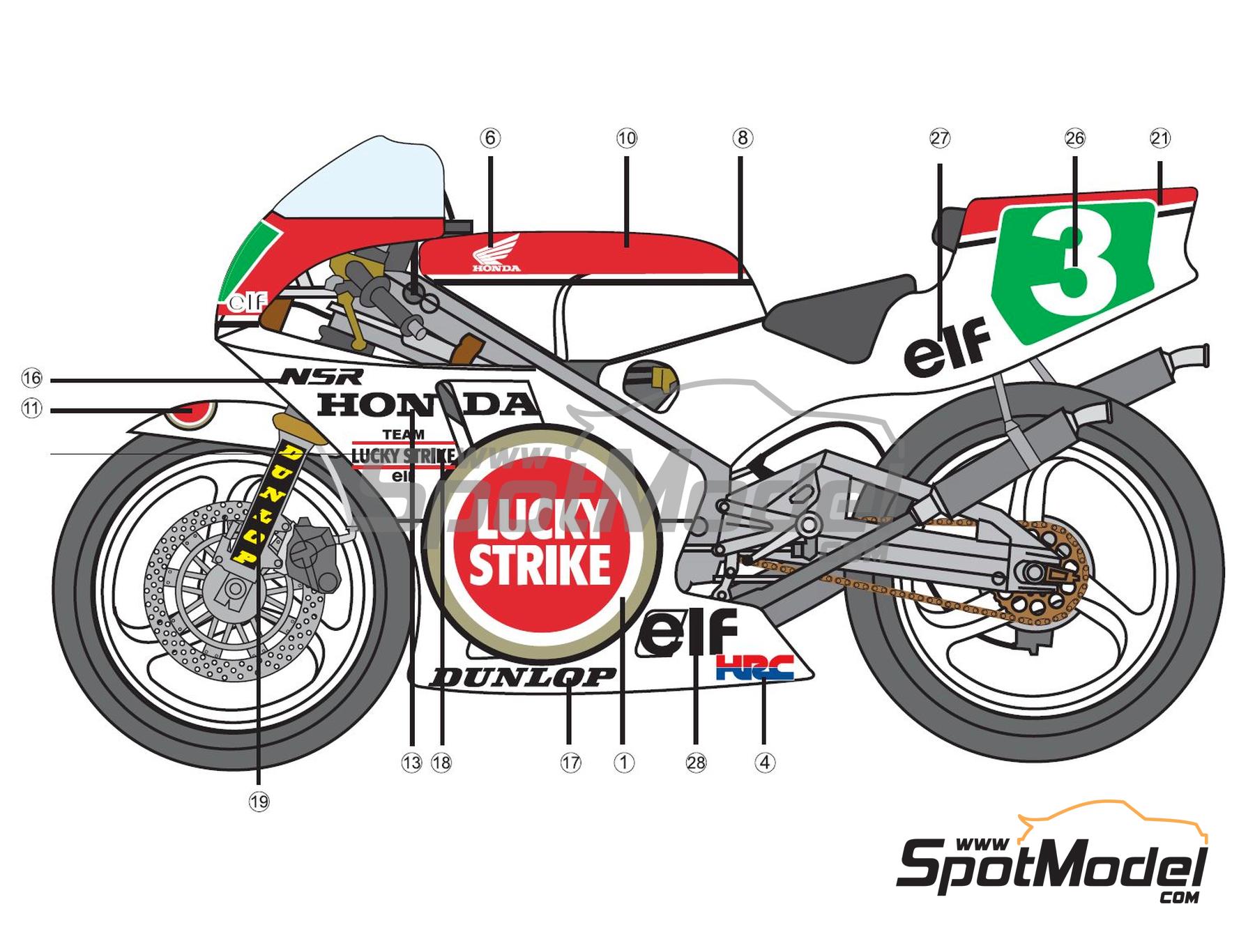 Image 1: Honda NSR250 Lucky Strike Racing Team - 250cc Motorcycle World Championship 1989 | Marking / livery in 1/12 scale , designed by Screendesign  and  manufactured by Print Lab Decals (ref.&nbsp;PLB2-703903)