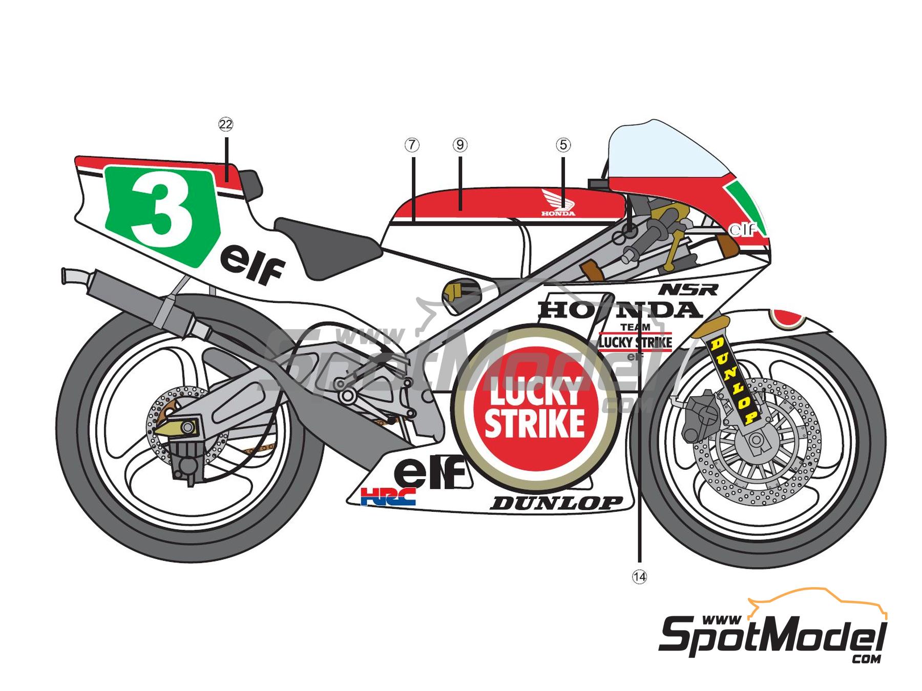 Image 2: Honda NSR250 Lucky Strike Racing Team - 250cc Motorcycle World Championship 1989 | Marking / livery in 1/12 scale , designed by Screendesign  and  manufactured by Print Lab Decals (ref.&nbsp;PLB2-703903)