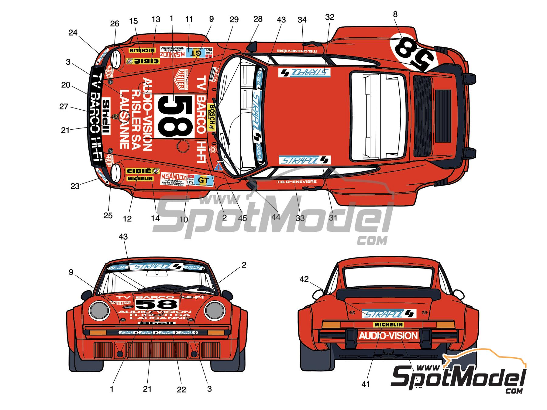 Image 1: Porsche 934 RSR Porsche Club Roman Team sponsored by Audio-Vision - 24 Hours Le Mans 1976 | Marking / livery in 1/24 scale , designed by J Banks  and  manufactured by Print Lab Decals (ref.&nbsp;PLB2-770804)