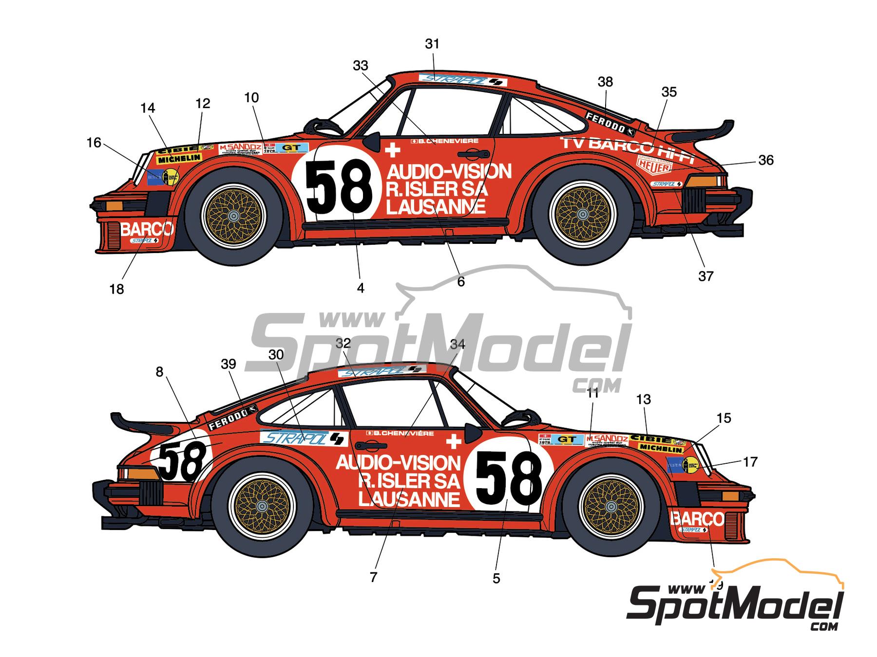 Image 2: Porsche 934 RSR Porsche Club Roman Team sponsored by Audio-Vision - 24 Hours Le Mans 1976 | Marking / livery in 1/24 scale , designed by J Banks  and  manufactured by Print Lab Decals (ref.&nbsp;PLB2-770804)
