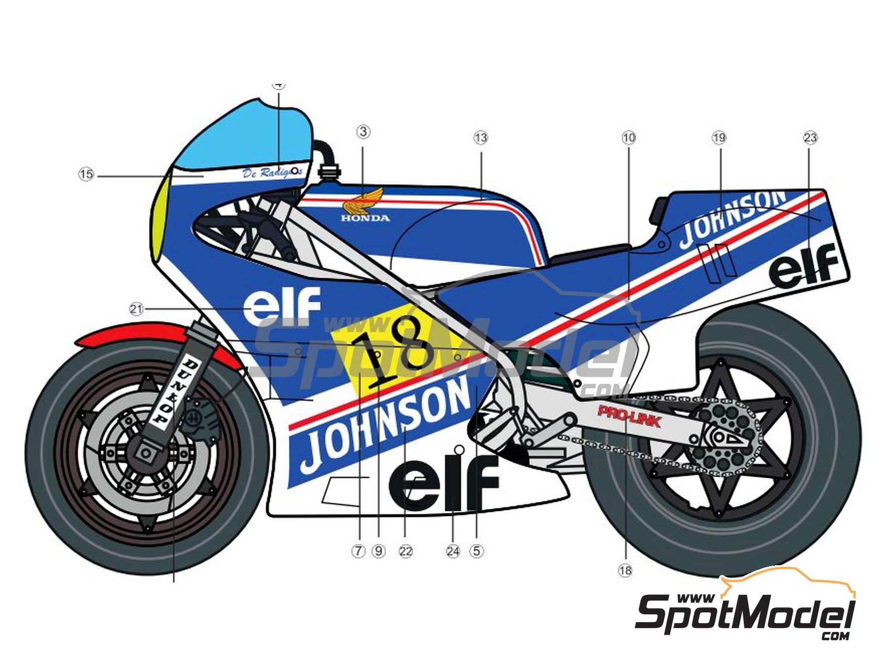 Image 2: Honda RS 500 sponsored by ELF - Spanish Moto GP Grand Prix 1983 | Marking / livery in 1/12 scale , designed by Screendesign  and  manufactured by Print Lab Decals (ref.&nbsp;PLB2-861708)