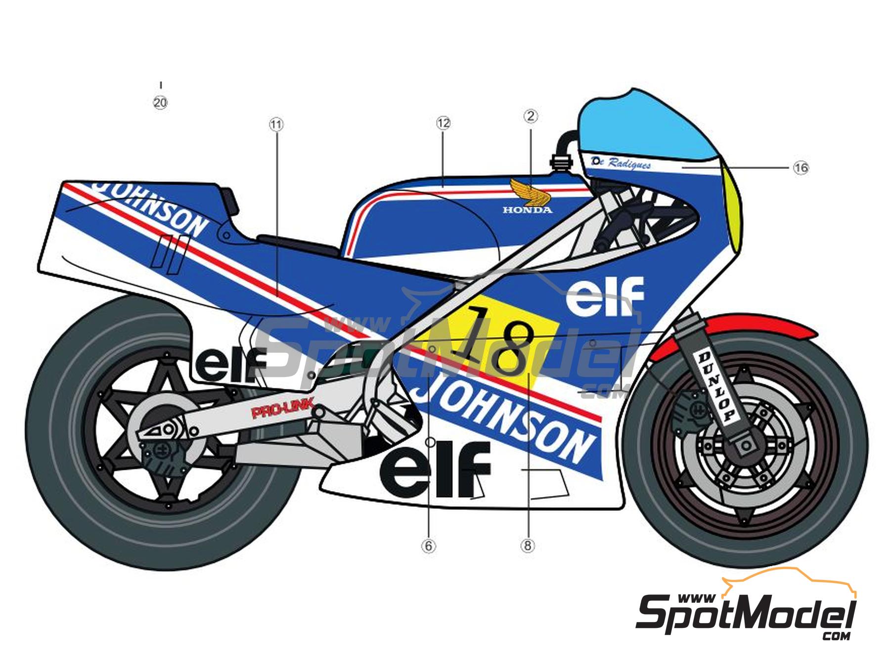 Image 3: Honda RS 500 sponsored by ELF - Spanish Moto GP Grand Prix 1983 | Marking / livery in 1/12 scale , designed by Screendesign  and  manufactured by Print Lab Decals (ref.&nbsp;PLB2-861708)