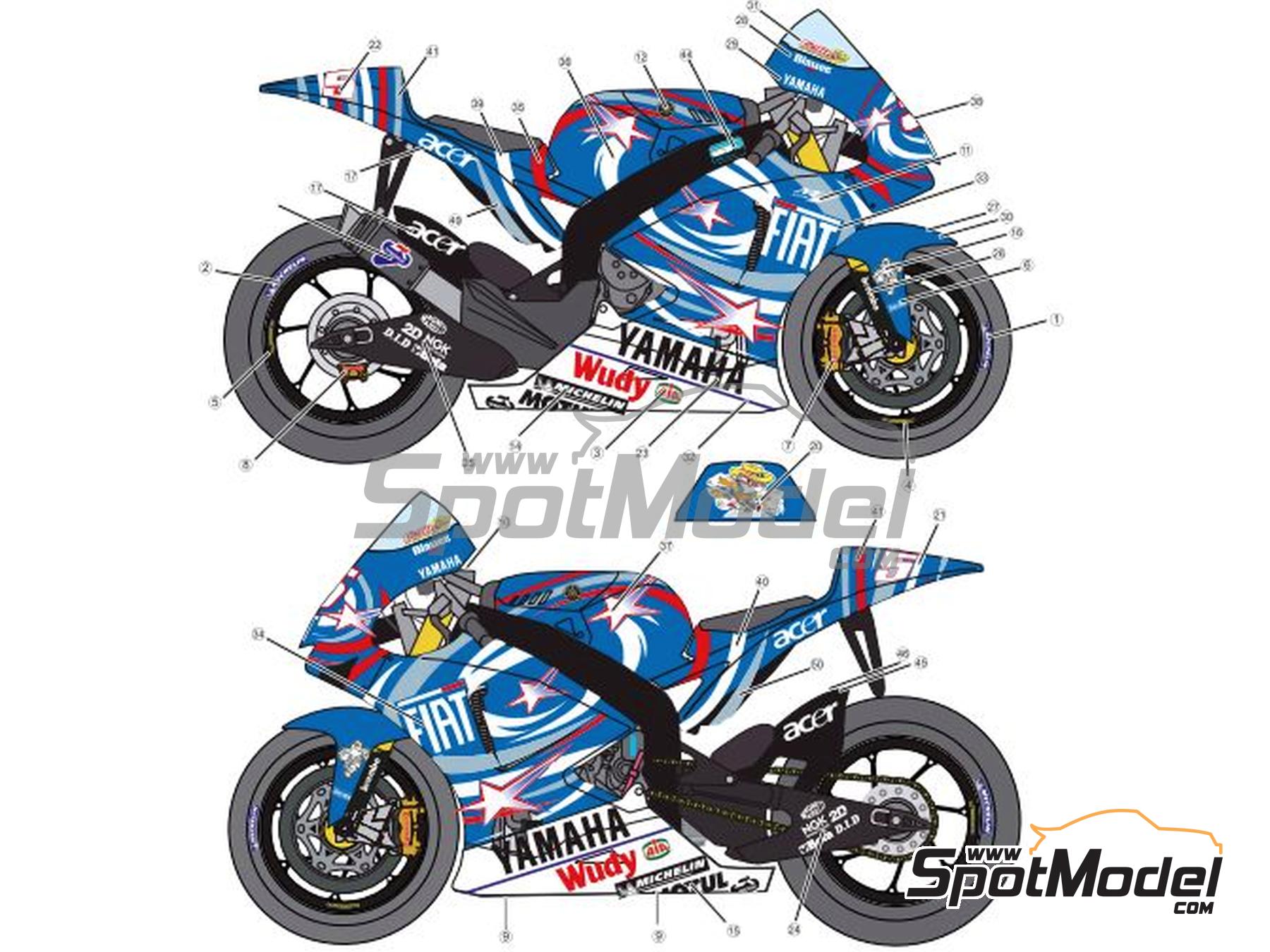 Image 1: Yamaha YZR-M1 Fiat Yamaha Team sponsored by Acer, Wudy - Laguna Seca Moto GP Grand Prix 2007 | Marking / livery in 1/12 scale , designed by Screendesign  and  manufactured by Print Lab Decals (ref. PLB2-889600)