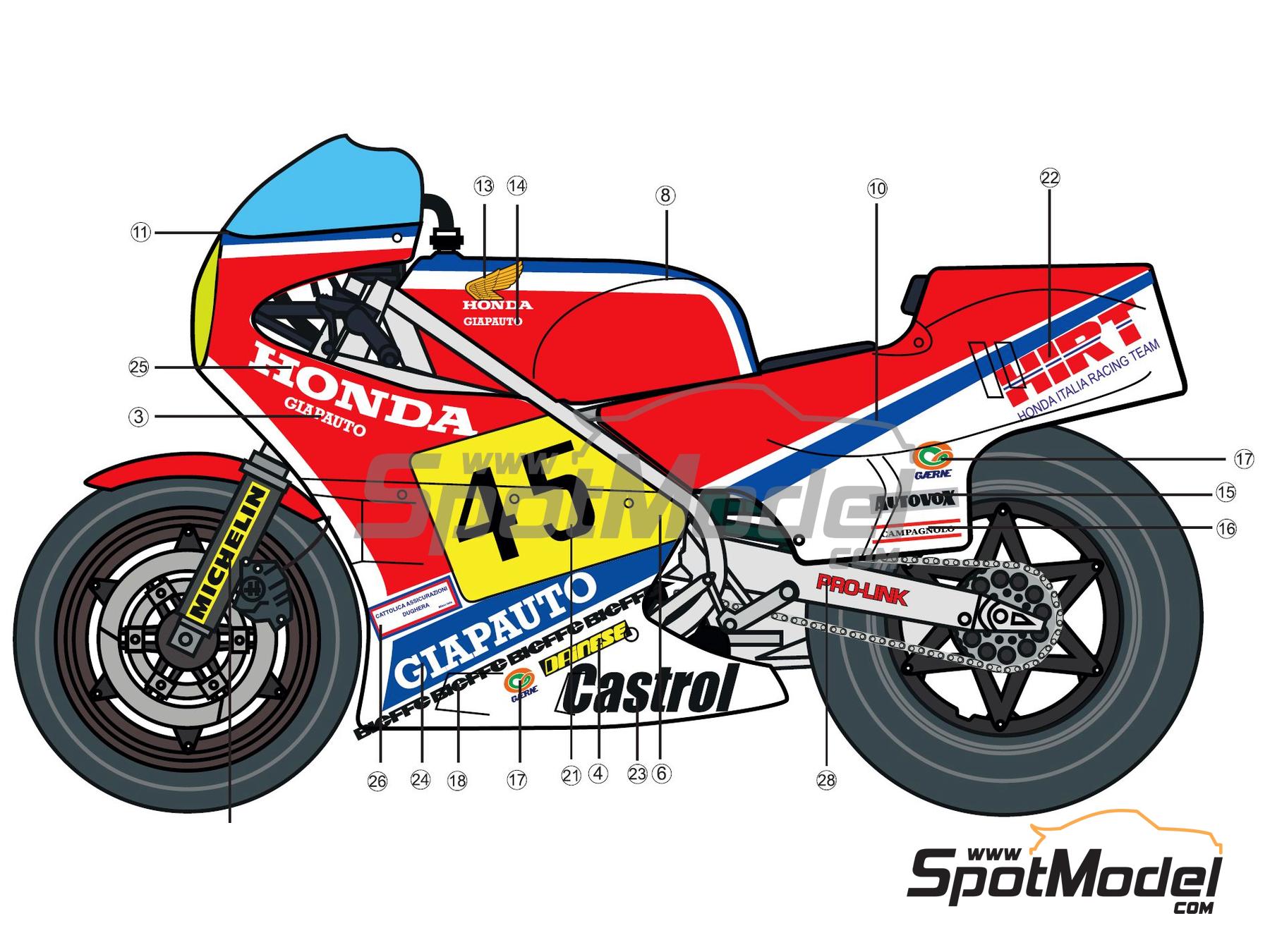 Image 1: Honda RS 500 - Motorcycle World Championship 1983 | Marking / livery in 1/12 scale , designed by Screendesign  and  manufactured by Print Lab Decals (ref.&nbsp;PLB2-897724)