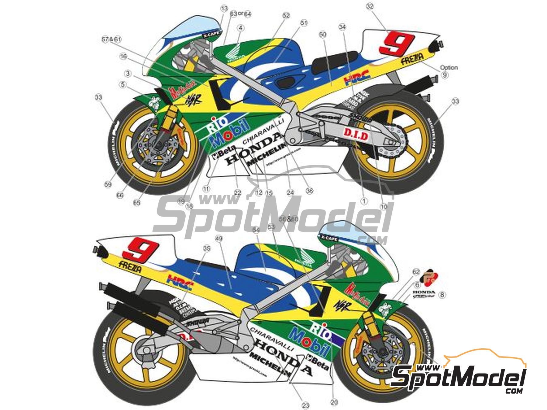 Image 1: Honda NSR500 Honda Gresini Team sponsored by Mobil - Motorcycle World Championship 1998 | Marking / livery in 1/12 scale , designed by screendesign  and  manufactured by Print Lab Decals (ref.&nbsp;PLB2-932668)