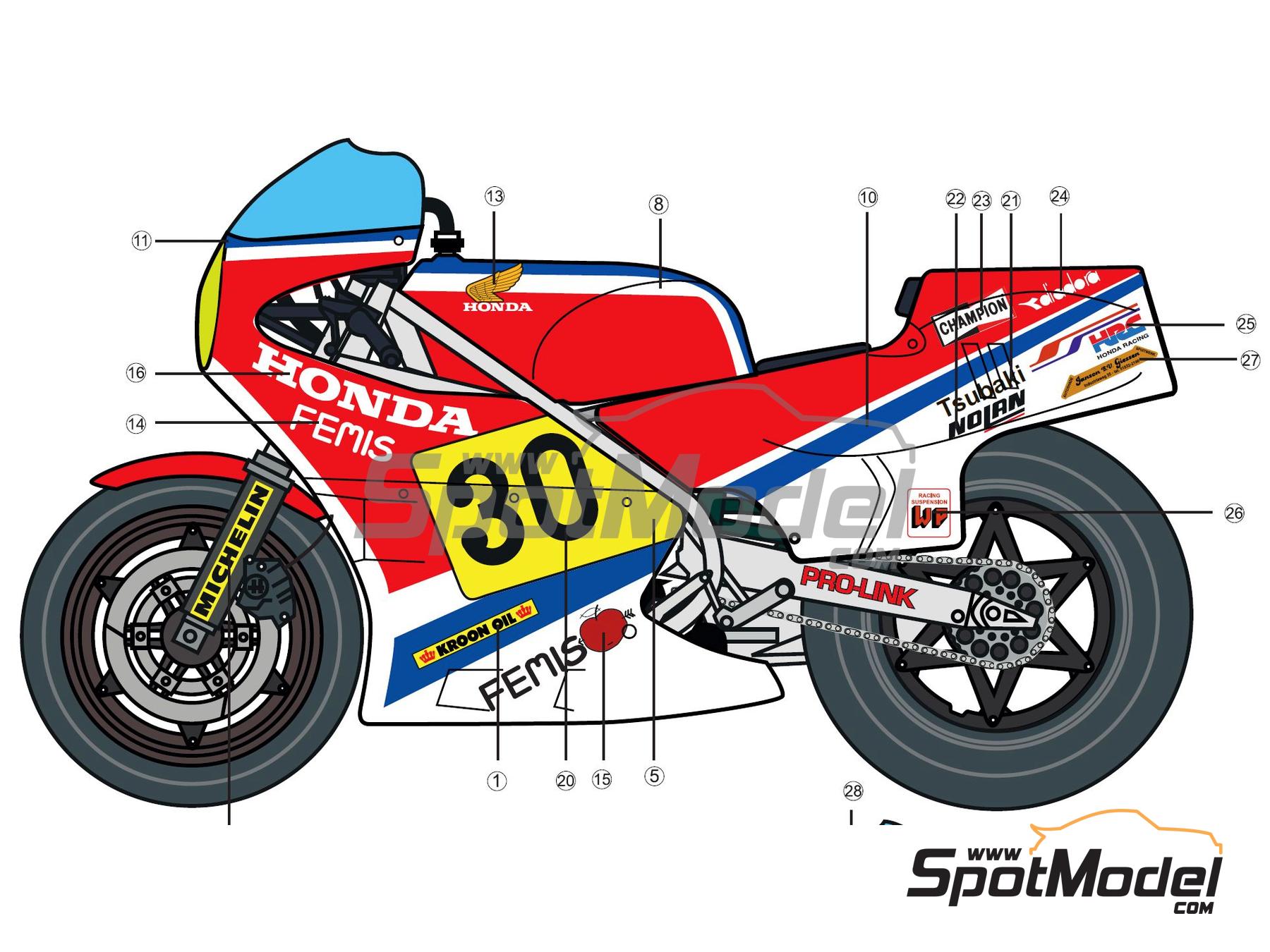 Image 8: Honda RS 500 sponsored by Tsubaki - Motorcycle World Championship 1983 | Marking / livery in 1/12 scale , designed by Screendesign  and  manufactured by Print Lab Decals (ref. PLB2-959906)