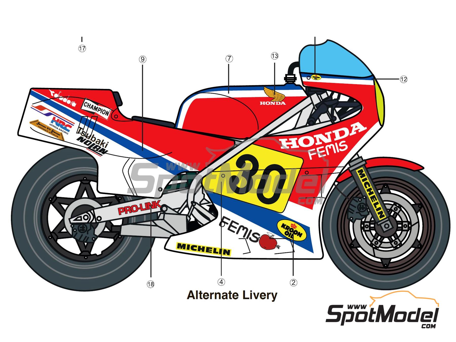 Image 9: Honda RS 500 sponsored by Tsubaki - Motorcycle World Championship 1983 | Marking / livery in 1/12 scale , designed by Screendesign  and  manufactured by Print Lab Decals (ref. PLB2-959906)